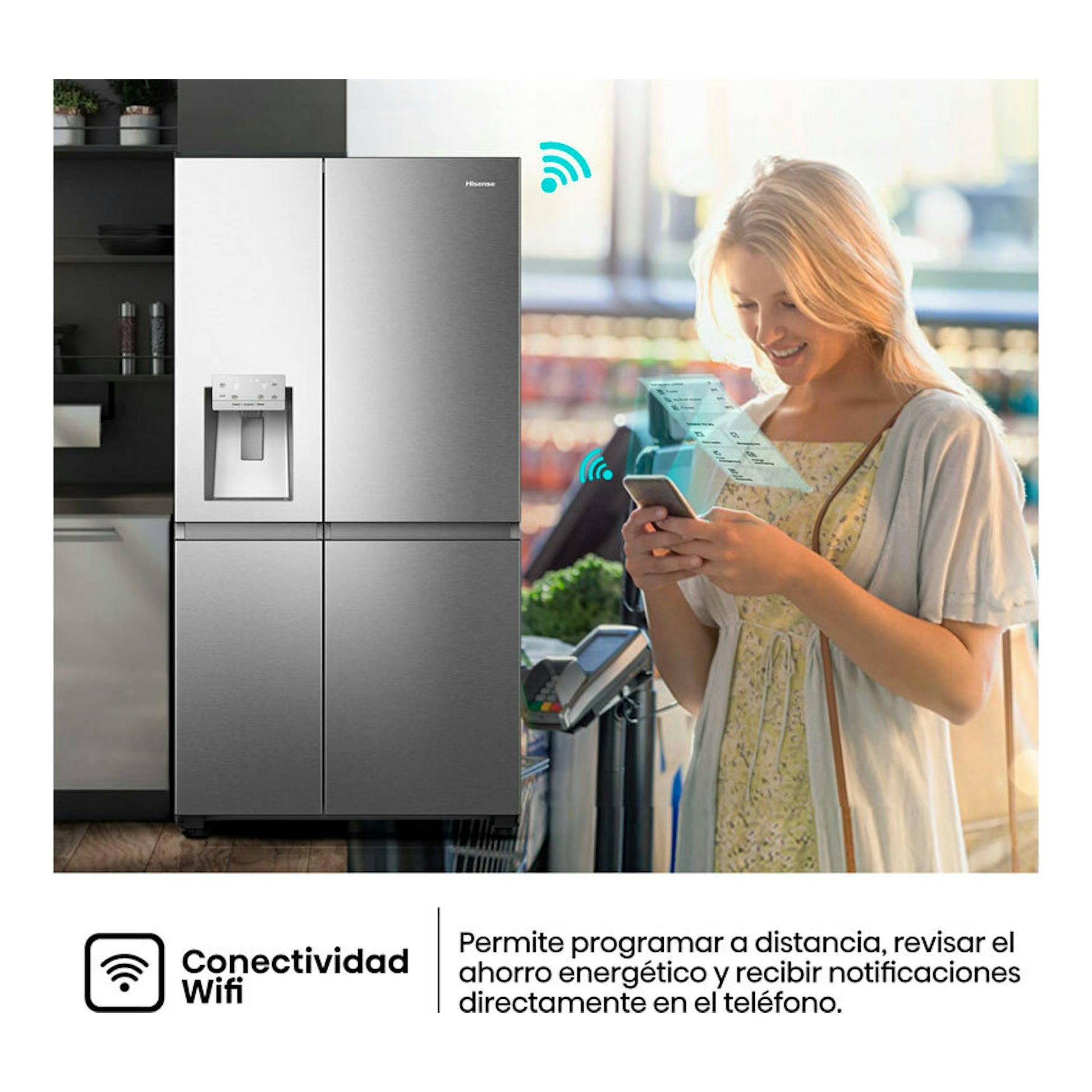 Frigorífico americano Hisense RS818N4TIC1 inox, vista frontal, de cuatro puertas con dispensador de agua.