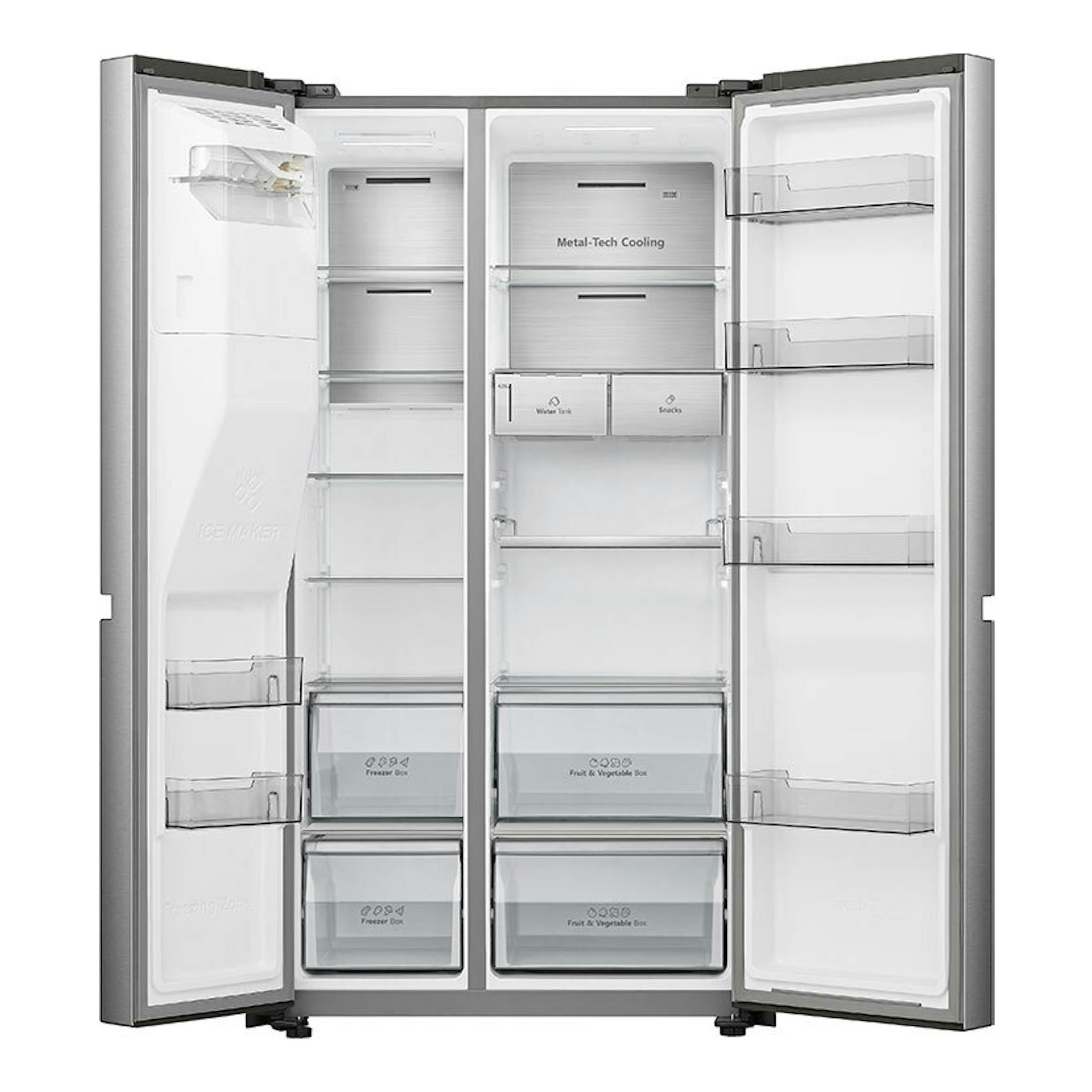 Frigorífico americano Hisense RS818N4TIE1 inox, visto de frente con las dos puertas abiertas y el interior visible.