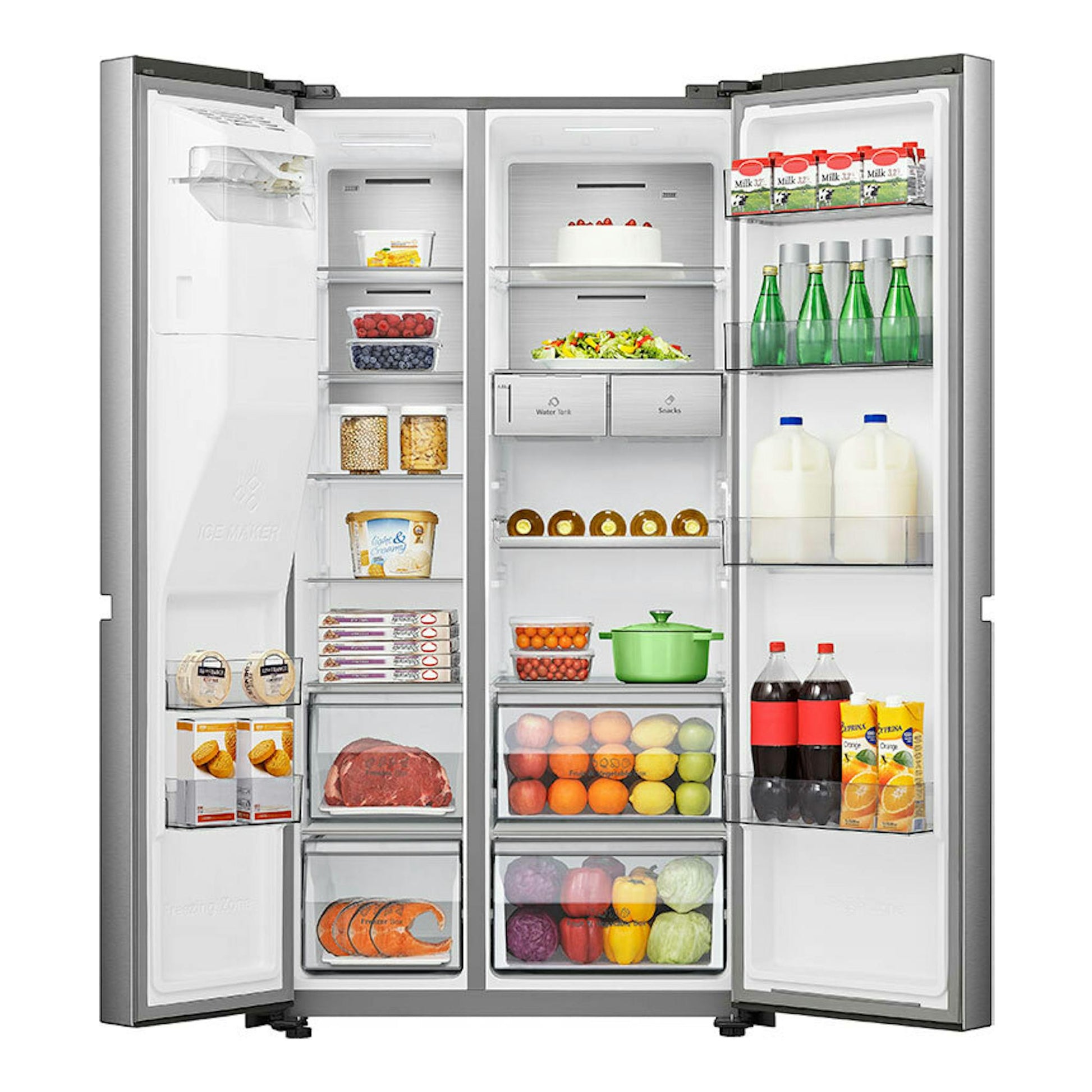 Frigorífico americano Hisense RS818N4TIE1 inox abierto, vista frontal del interior con estantes y alimentos.