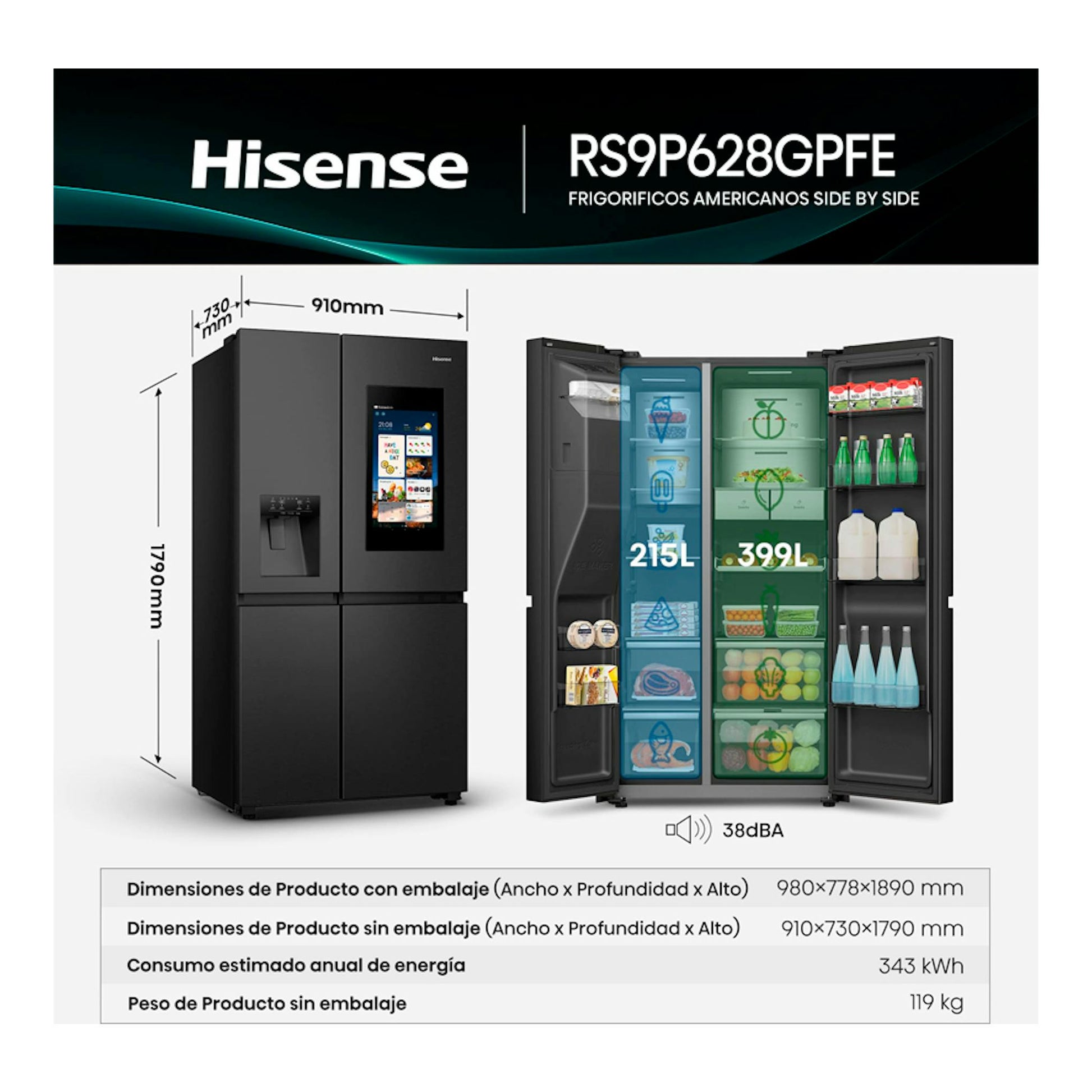 Frigorífico americano side by side Hisense RS9P628GPFE negro, vista frontal y puertas abiertas.