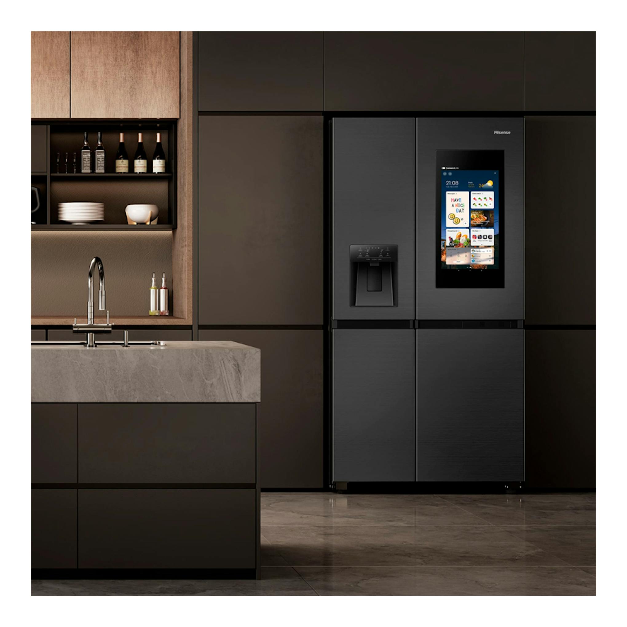 Frigorífico americano Hisense RS9P628GPFE inox, vista frontal, con dispensador y pantalla táctil.