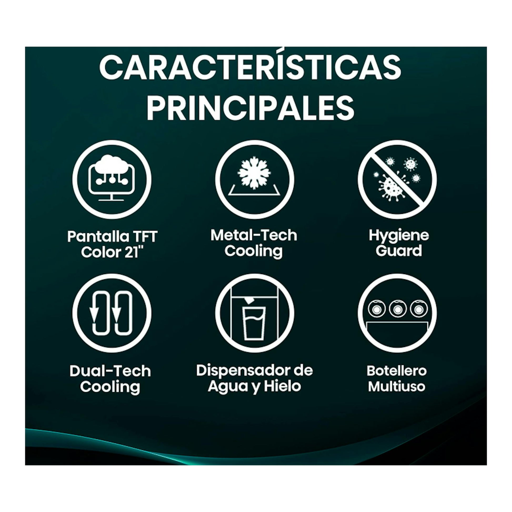 Infografía de características del frigorífico Hisense RS9P628GPFE en fondo verde oscuro, con seis iconos.