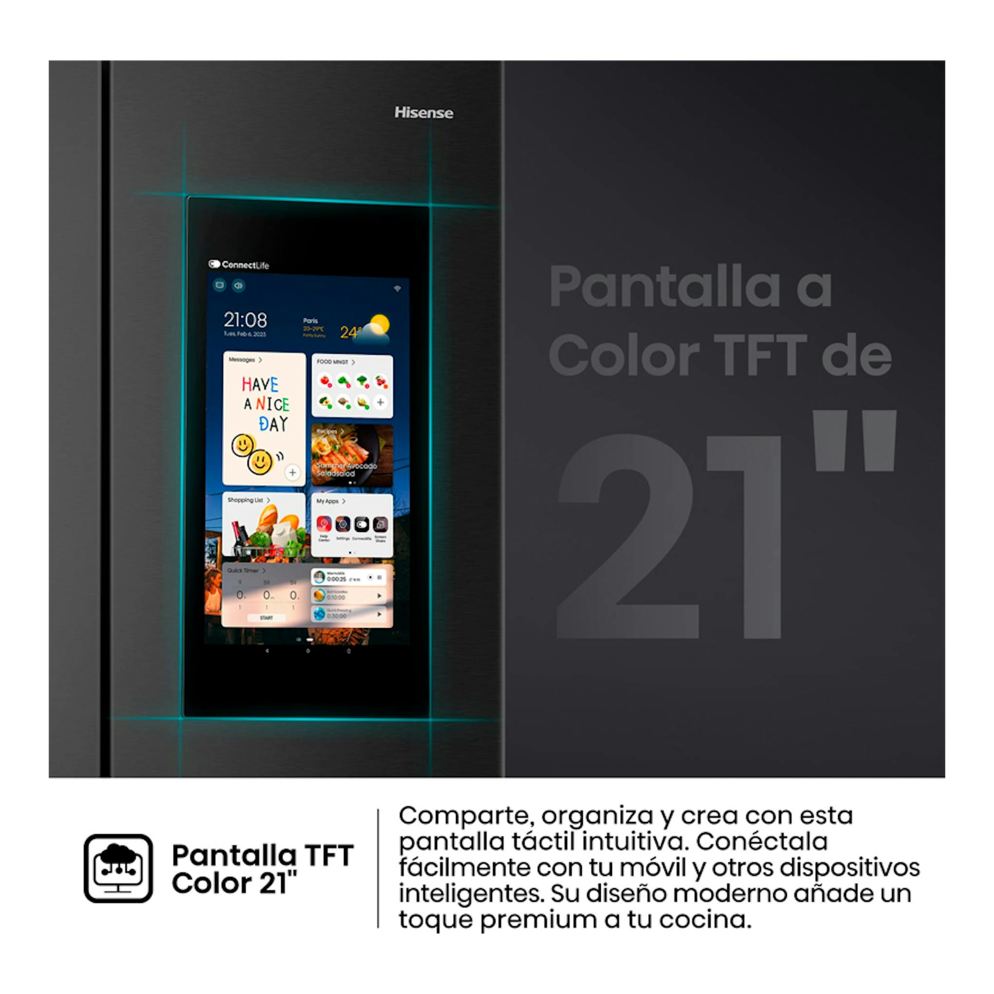 Frigorífico Hisense RS9P628GPFE en inox, vista frontal con pantalla TFT Color de 21 pulgadas integrada.