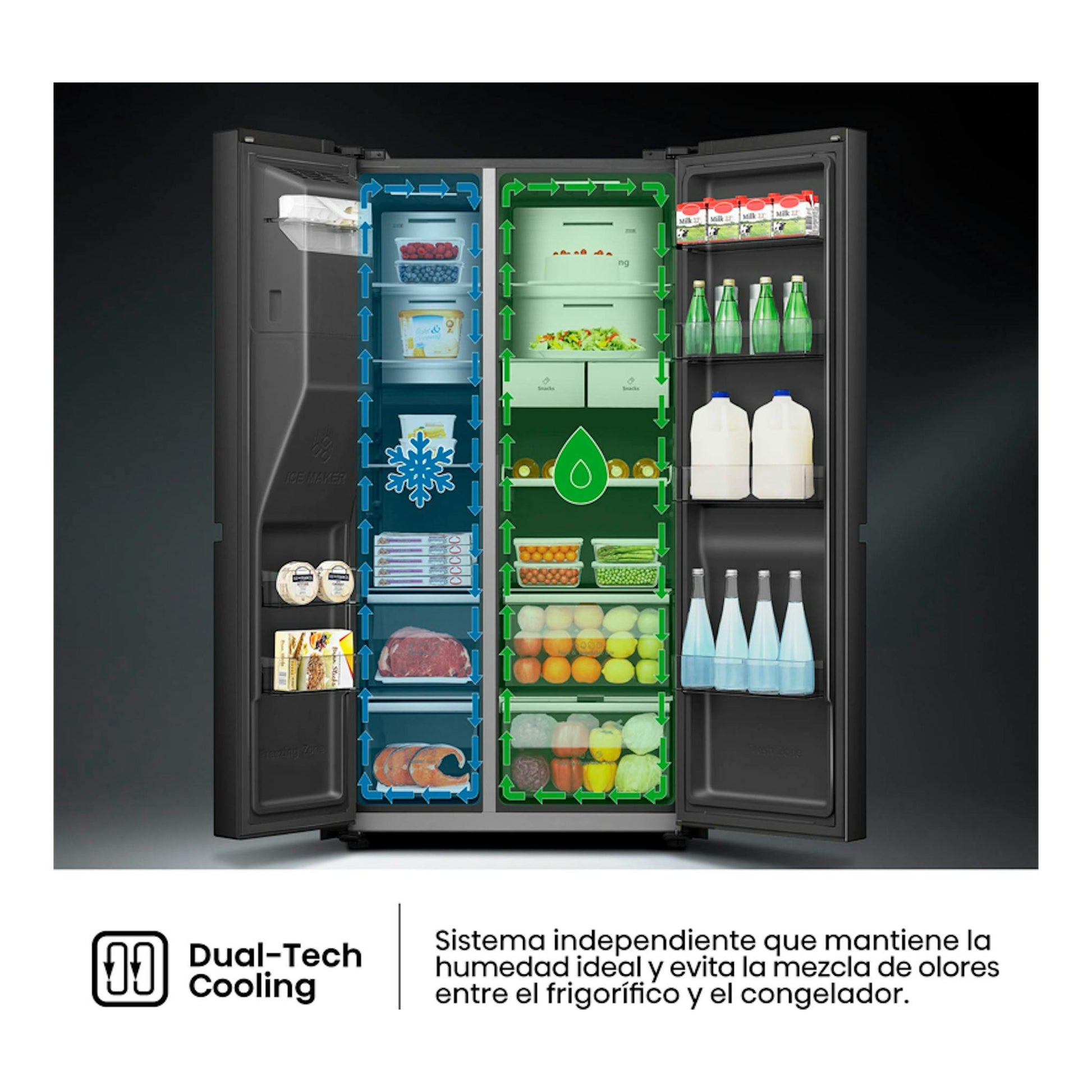 Frigorífico americano Hisense RS9P628GPFE inox, vista frontal con puertas abiertas e interior compartimentado.