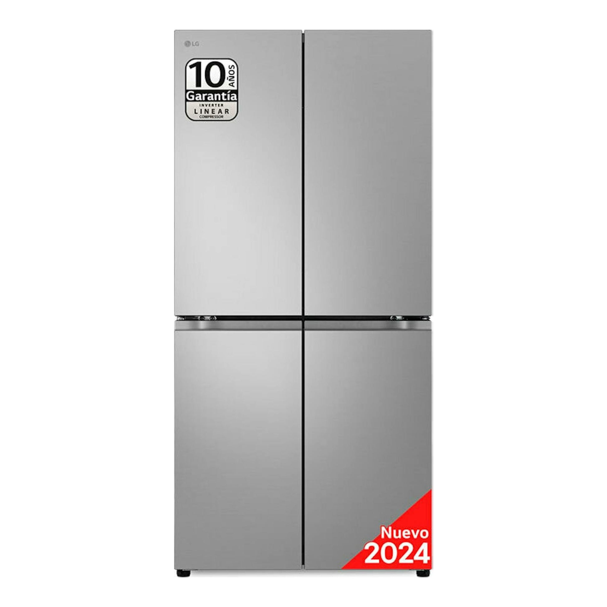 Frigorífico americano LG GMB860PYDE inox, vista frontal, con cuatro puertas, sello 10 años y etiqueta Nuevo 2024.
