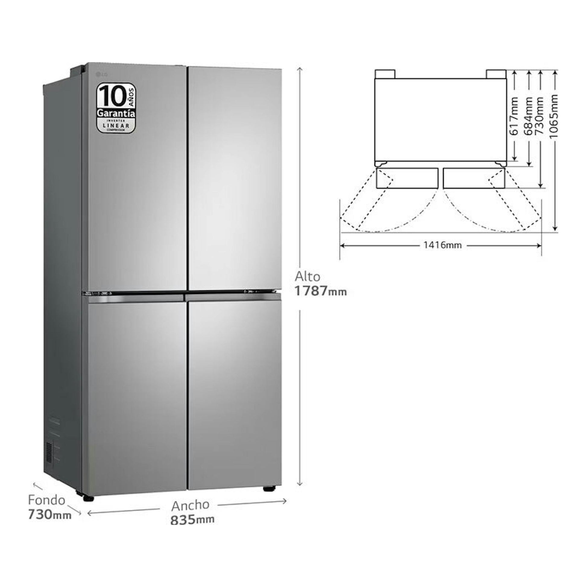 Frigorífico americano LG GMB860PYDE inox, vista frontal, con esquema de medidas y cuatro puertas.