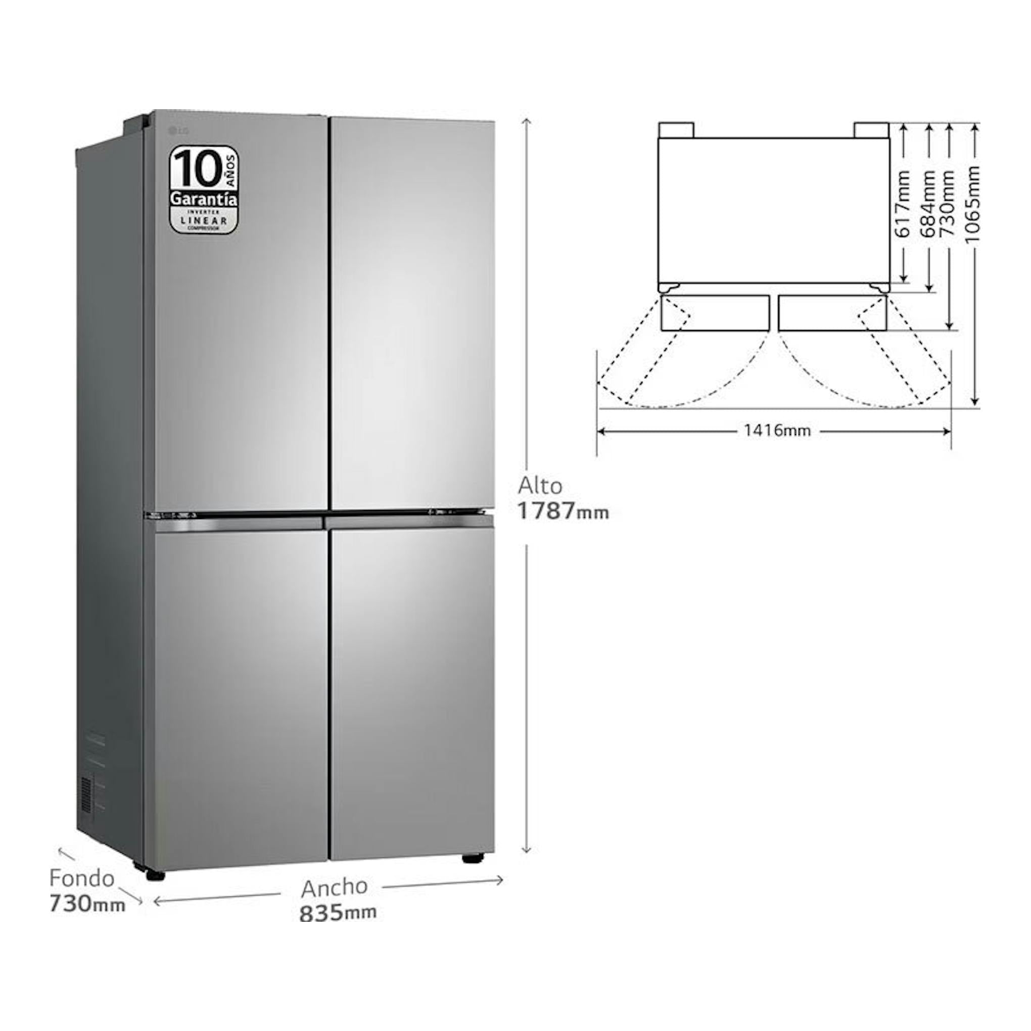 Frigorífico americano LG GMB860PYDE inox, vista frontal, con esquema de medidas y cuatro puertas.