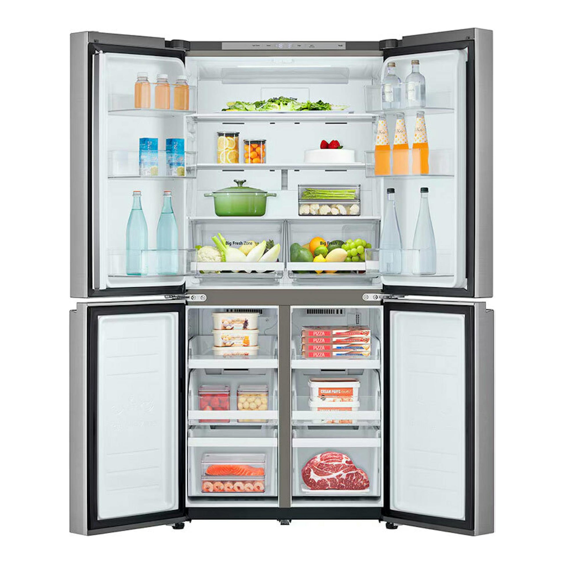 Frigorífico americano LG GMB860PYDE inox, vista frontal abierta, con puertas y compartimentos interiores visibles.
