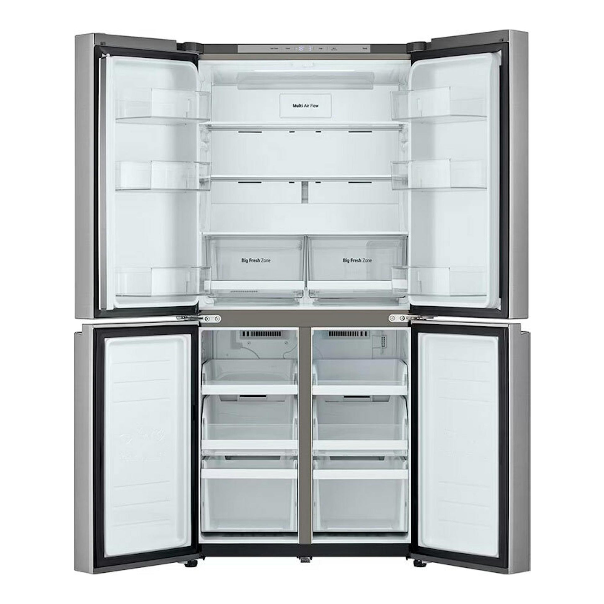 Frigorífico americano LG GMB860PYDE inox, vista frontal con cuatro puertas abiertas y compartimentos interiores.