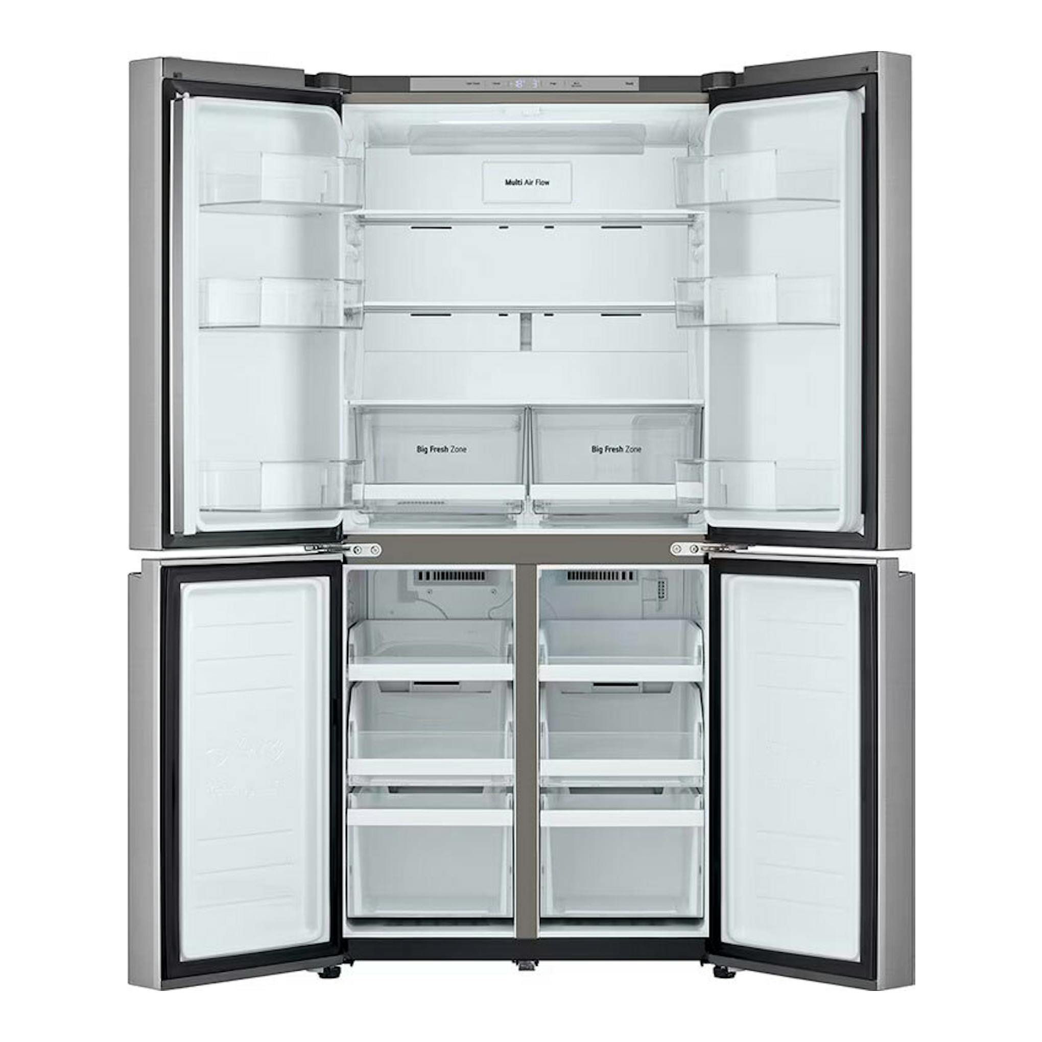 Frigorífico americano LG GMB860PYDE inox, vista frontal con cuatro puertas abiertas y compartimentos interiores.