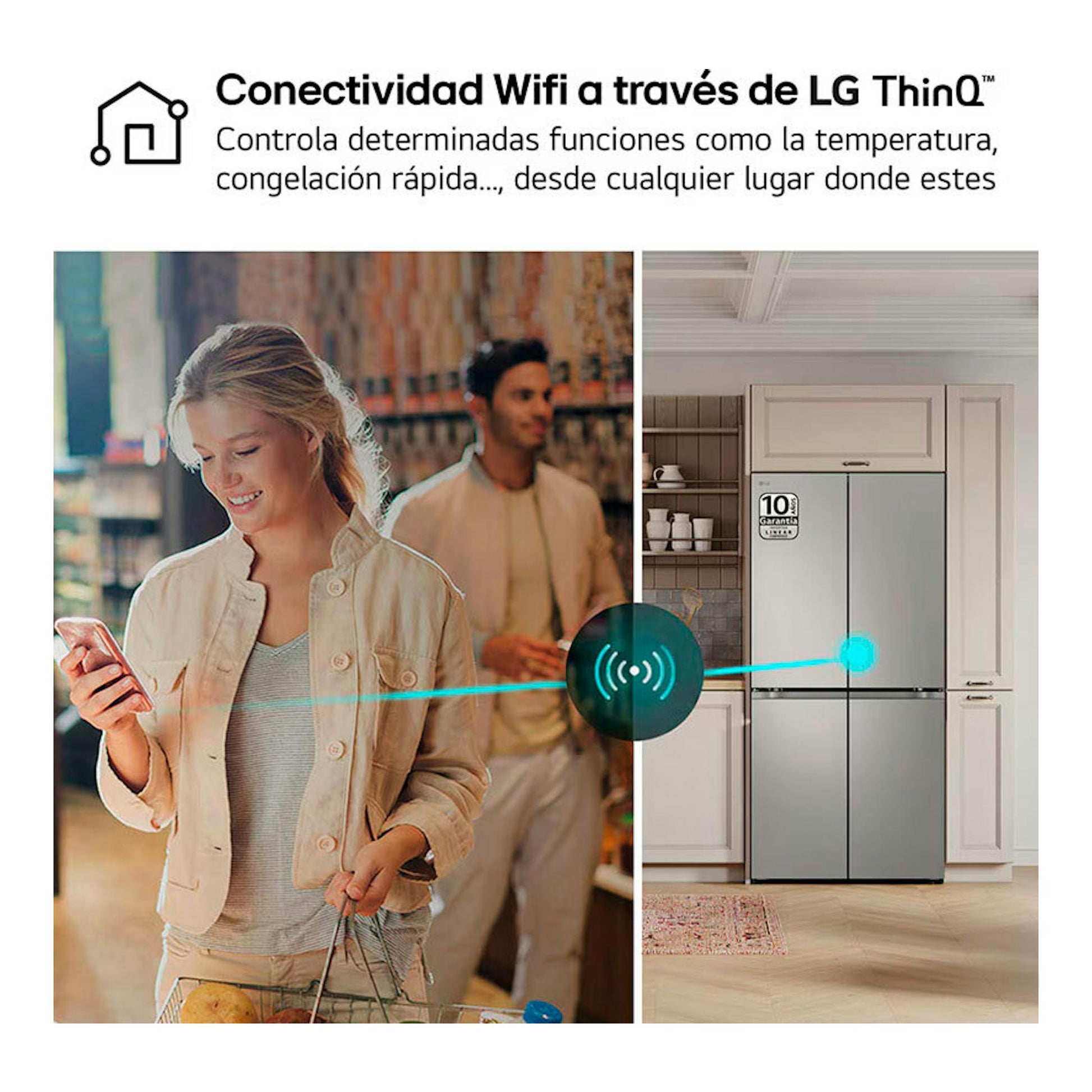 Frigorífico americano LG GMB860PYDE inox, vista frontal en cocina; gráfico de conectividad Wi‑Fi LG ThinQ.