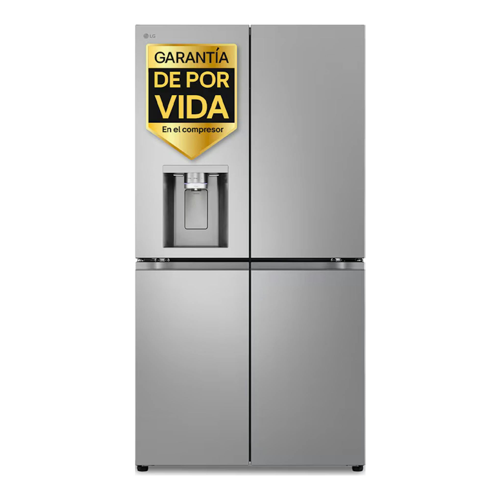 Frigorífico americano LG inox, vista frontal, de cuatro puertas y dispensador de agua en la puerta superior izquierda.