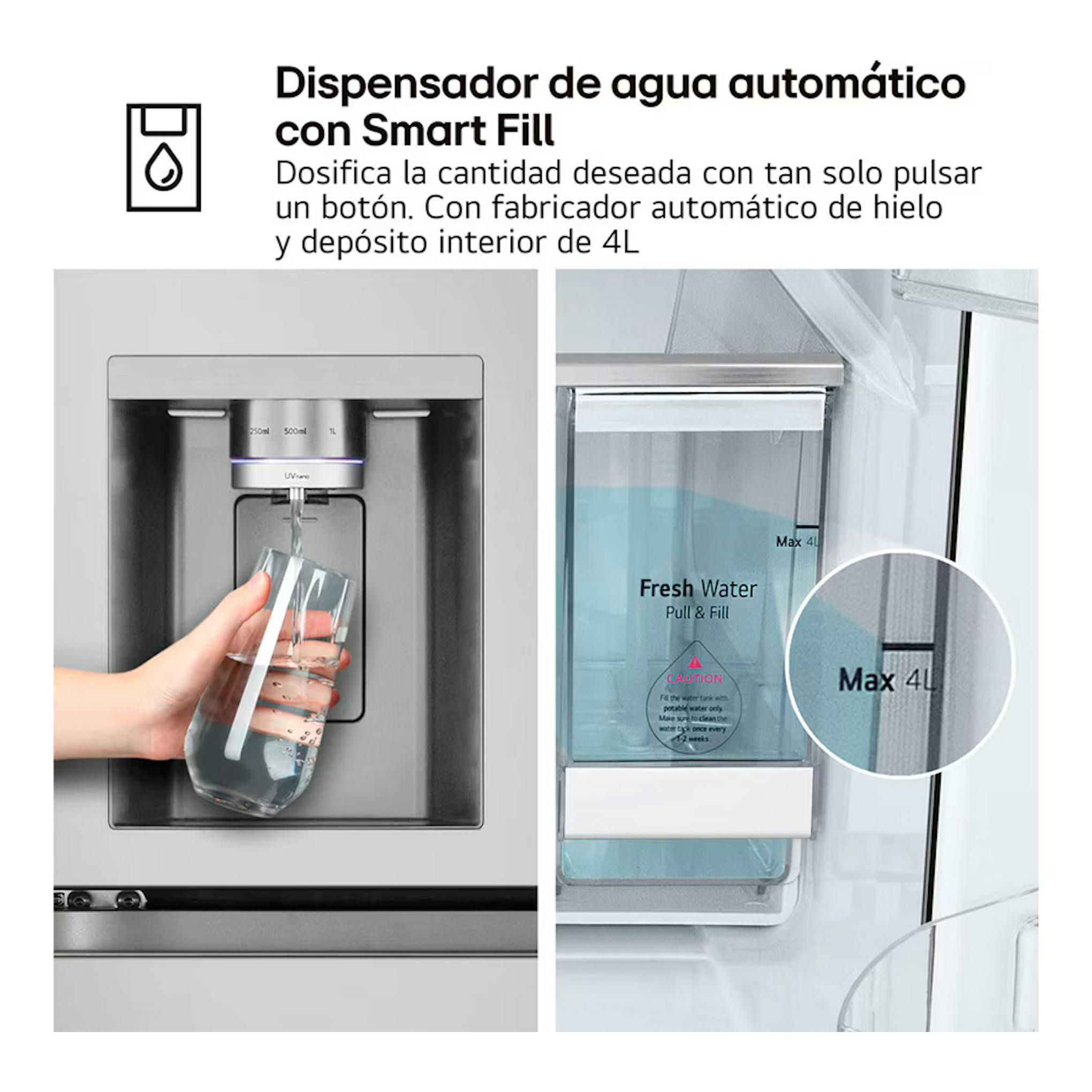 Frigorífico americano LG GMF961PY3E inox: dispensador de agua Smart Fill con depósito interior de 4 L.