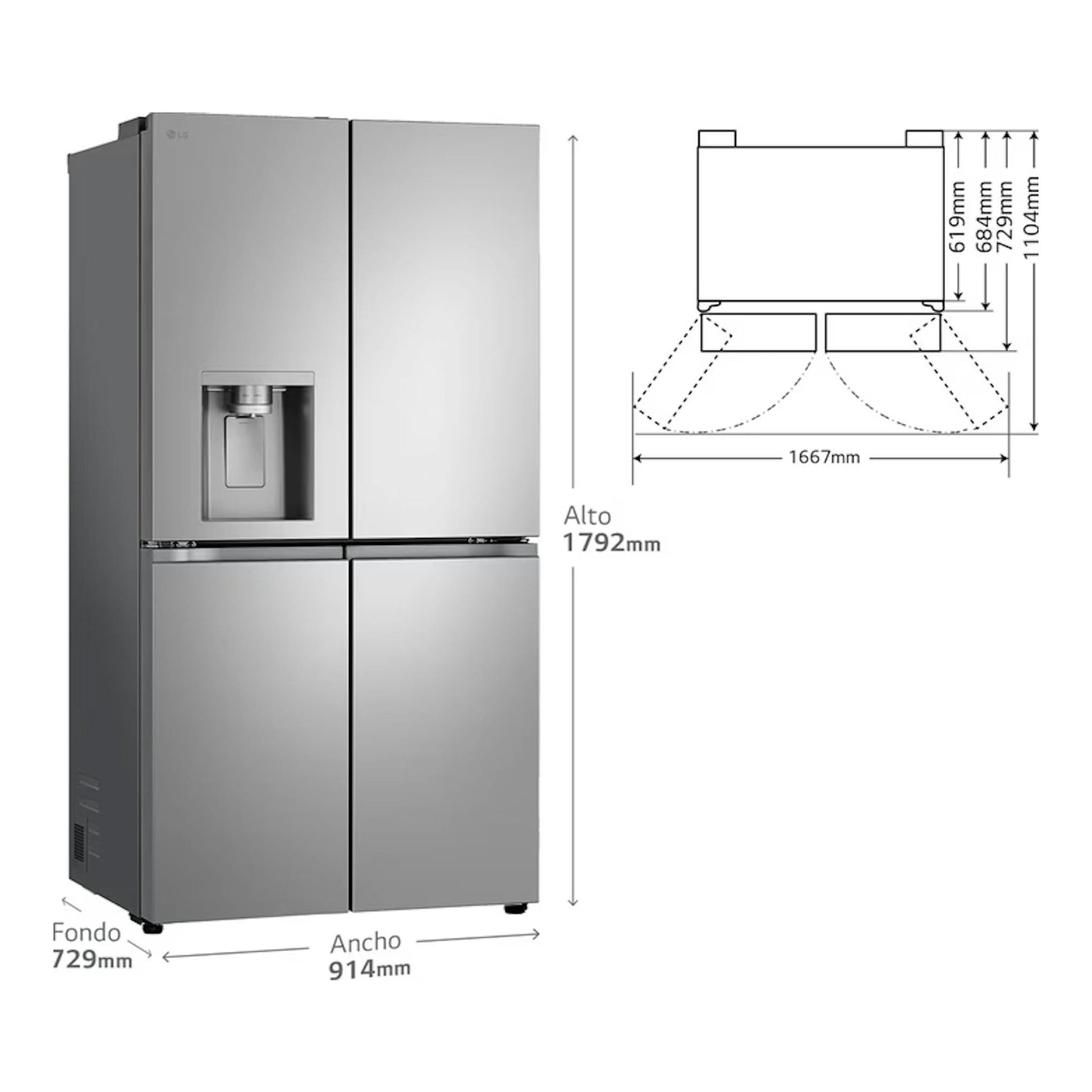 Frigorífico americano LG GMF961PY3E inox, vista frontal con dispensador y esquema de medidas.