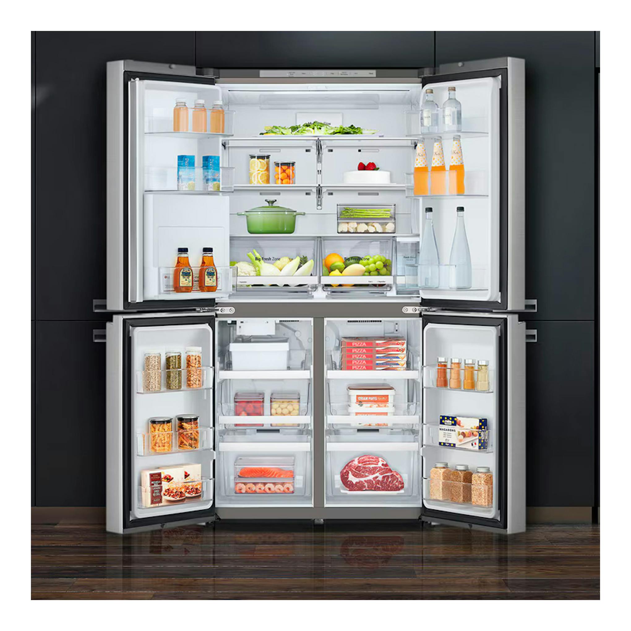 Frigorífico americano LG GMF961PY3E inox, vista frontal con puertas abiertas y compartimentos llenos.