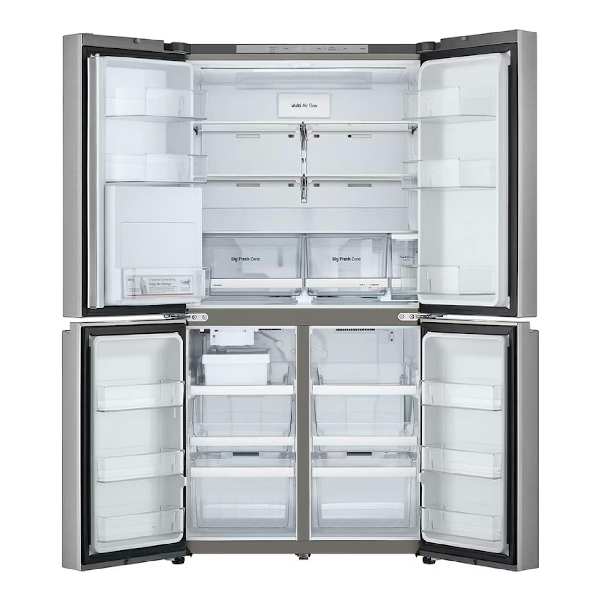 Frigorífico americano LG GMF961PY3E inox, vista frontal con puertas abiertas y compartimentos interiores.