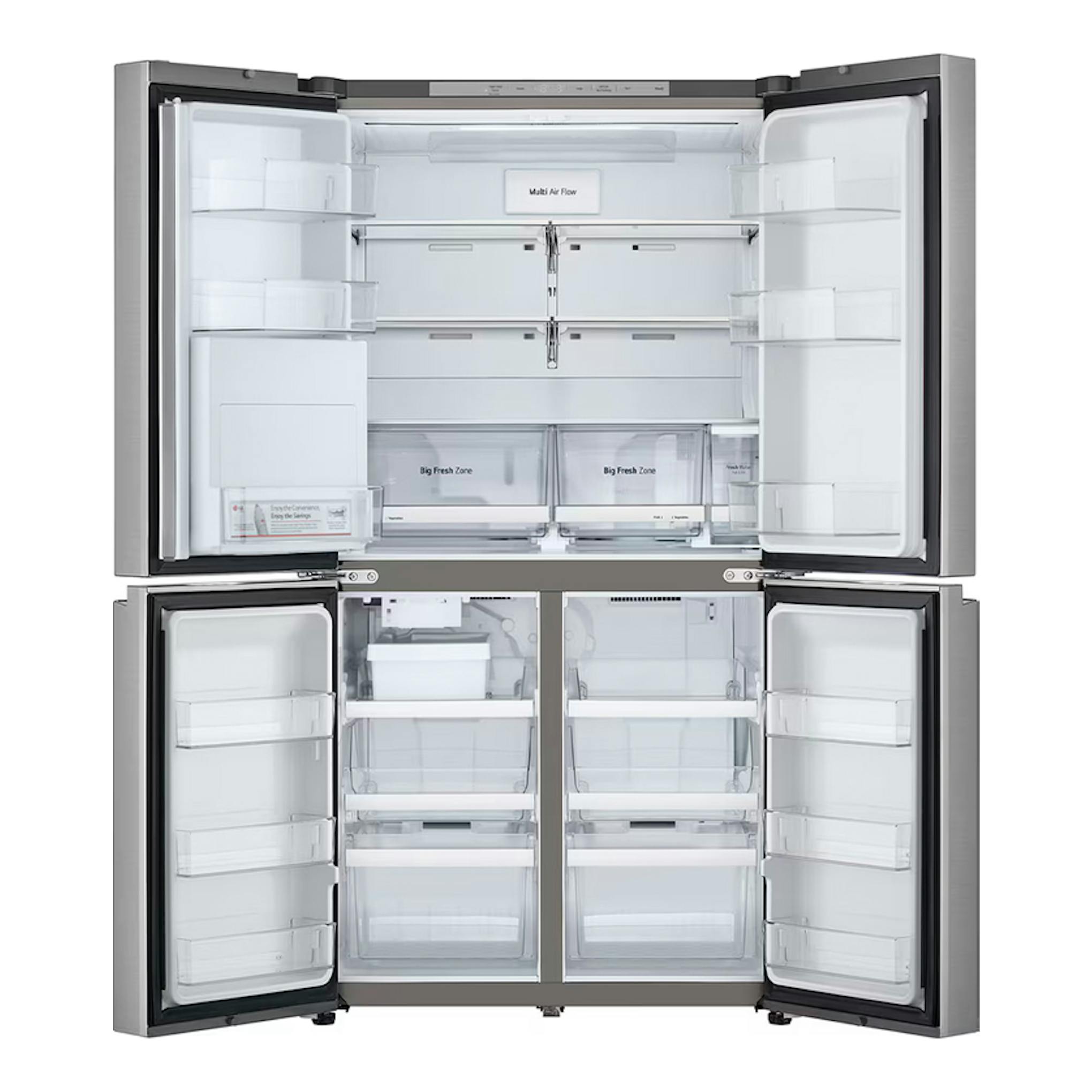 Frigorífico americano LG GMF961PY3E inox, vista frontal con puertas abiertas y compartimentos interiores.