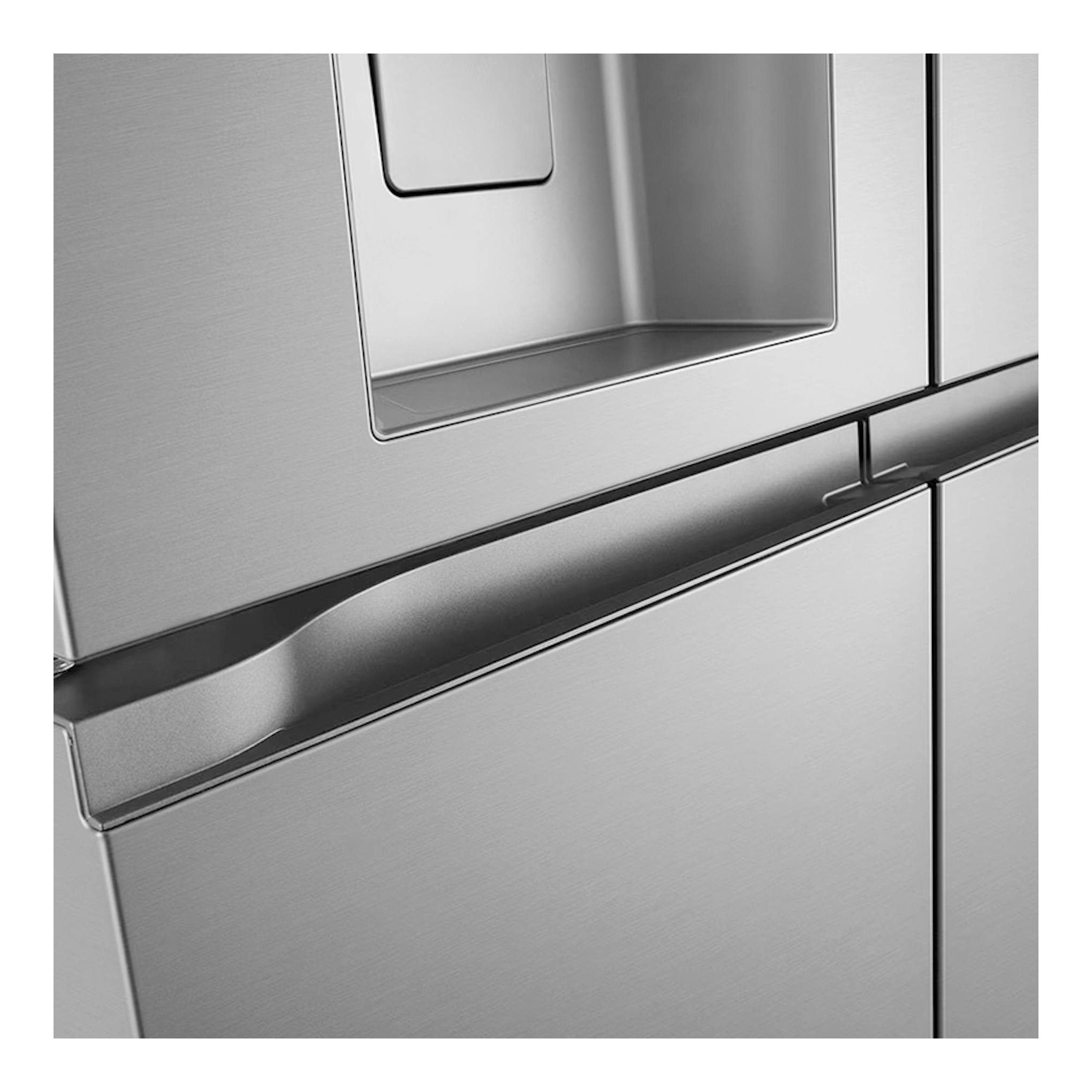 Frigorífico americano LG GMF961PY3E inox, vista frontal parcial de puertas y tiradores metálicos.