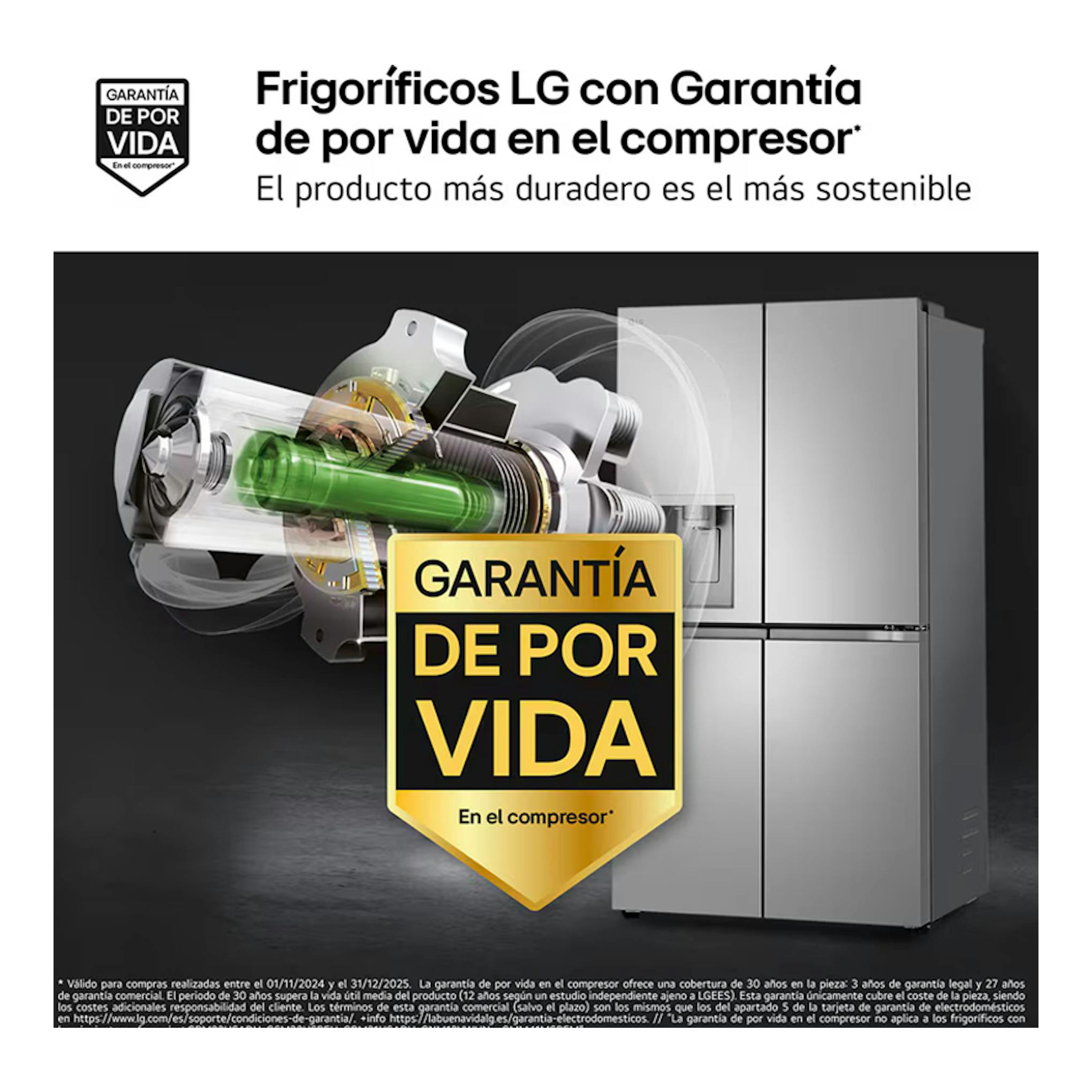 Frigorífico americano LG GMF961PY3E inox, vista frontal, con corte del compresor y sello de garantía.