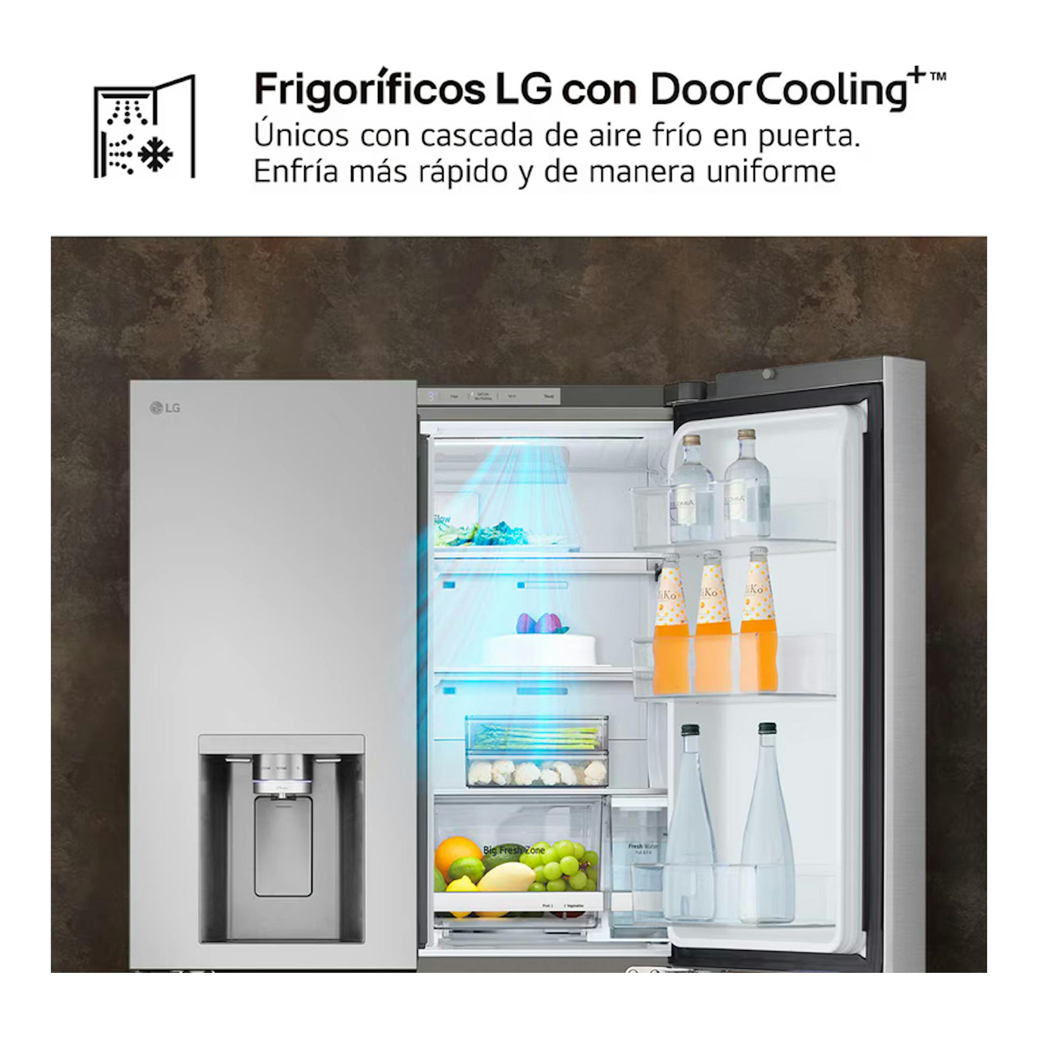 Frigorífico americano LG GMF961PY3E inox, vista frontal con puerta abierta y dispensador.