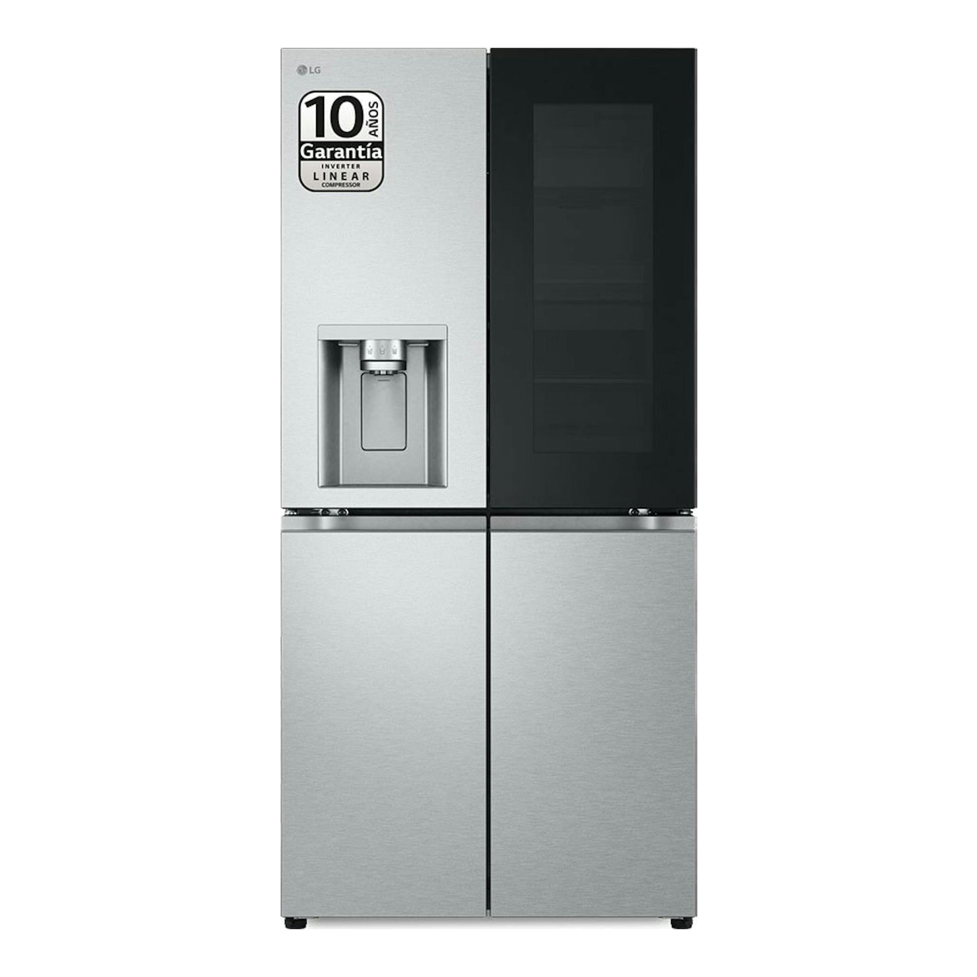 Frigorífico americano LG GMG861MBAE, vista frontal, acabado plata y negro, cuatro puertas con panel InstaView.