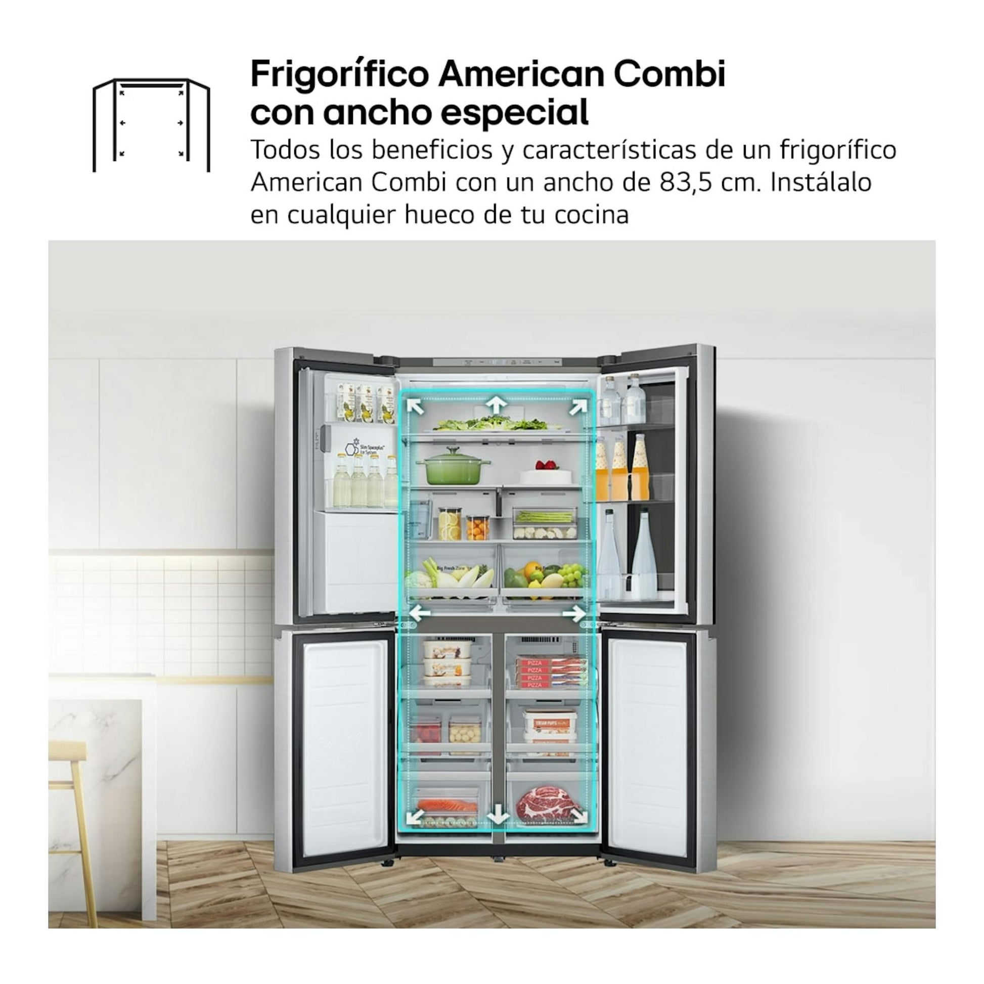 Frigorífico americano LG GMG861MBAE en acero inoxidable, abierto de frente, con cuatro puertas y baldas visibles.