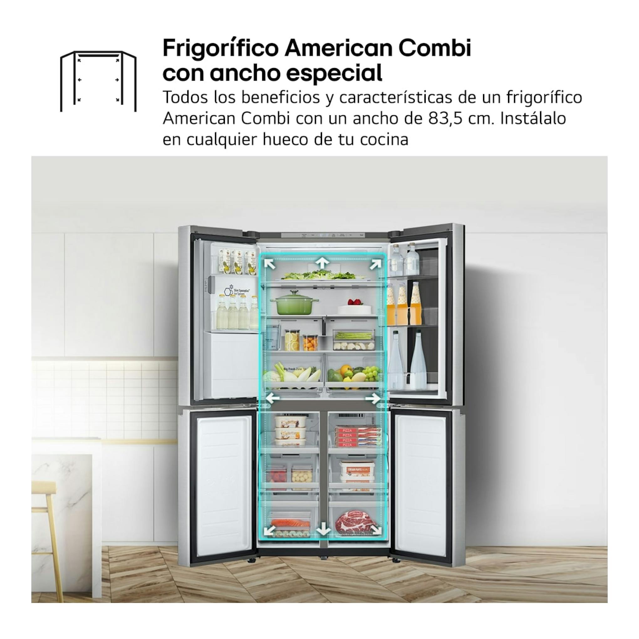 Frigorífico americano LG GMG861MBAE en acero inoxidable, abierto de frente, con cuatro puertas y baldas visibles.