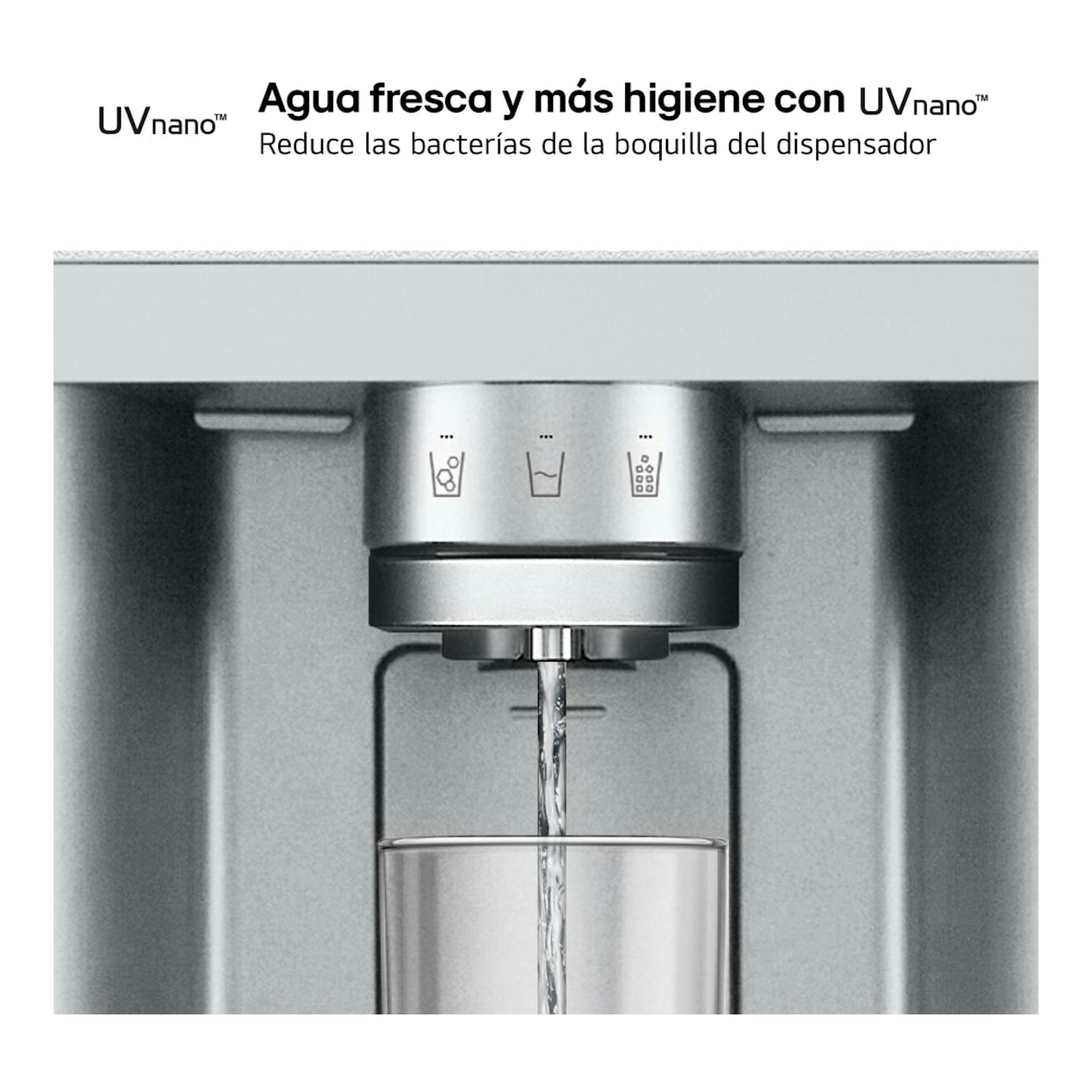 LG GMG861MBAE: dispensador de agua inoxidable en vista frontal con vaso bajo el grifo y texto UVnano.