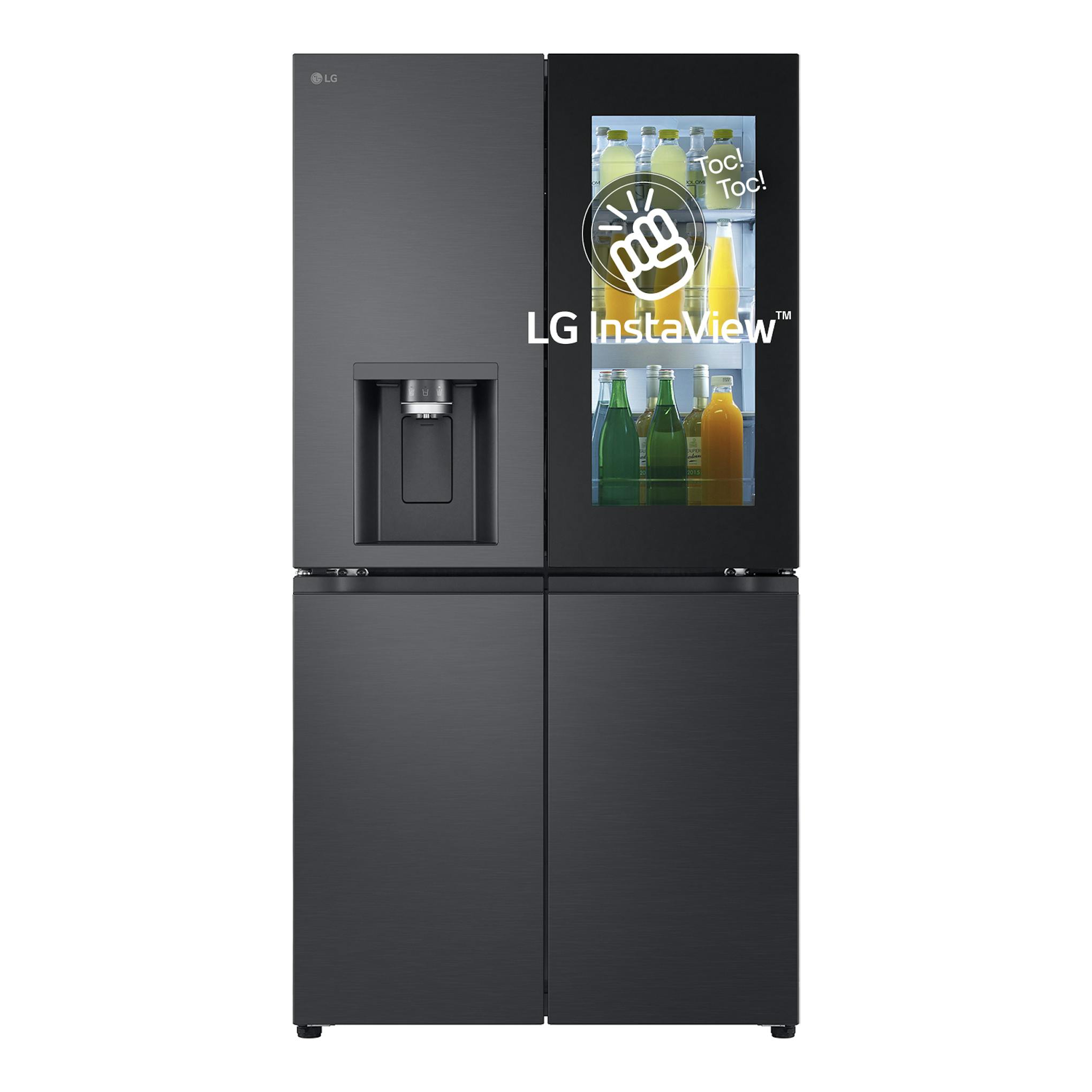 Frigorífico americano LG GMG960EVJE negro, vista frontal, con InstaView y dispensador.
