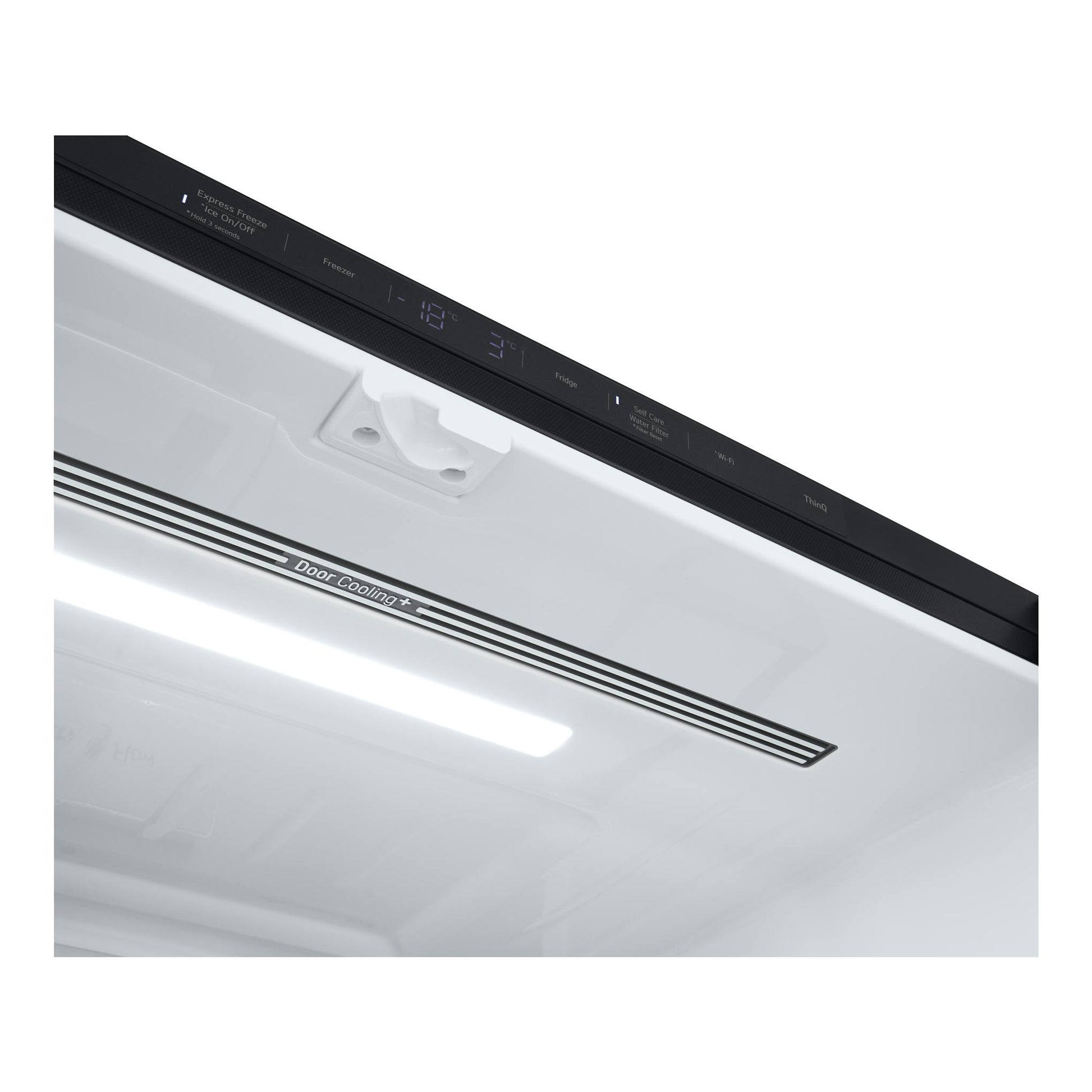 Frigorífico americano LG GMG960EVJE blanco, vista en ángulo del panel superior negro con controles táctiles.