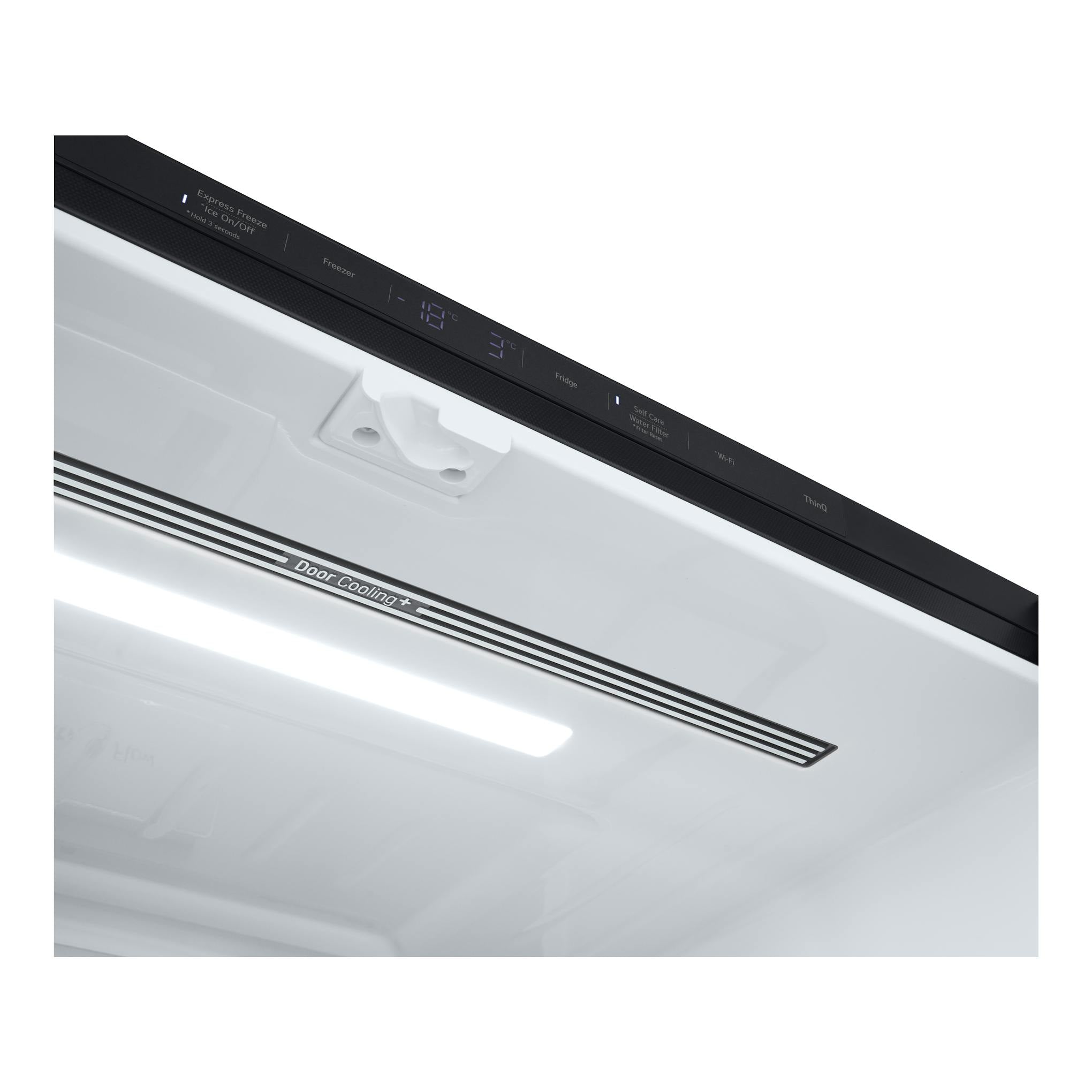 Frigorífico americano LG GMG960EVJE blanco, vista en ángulo del panel superior negro con controles táctiles.