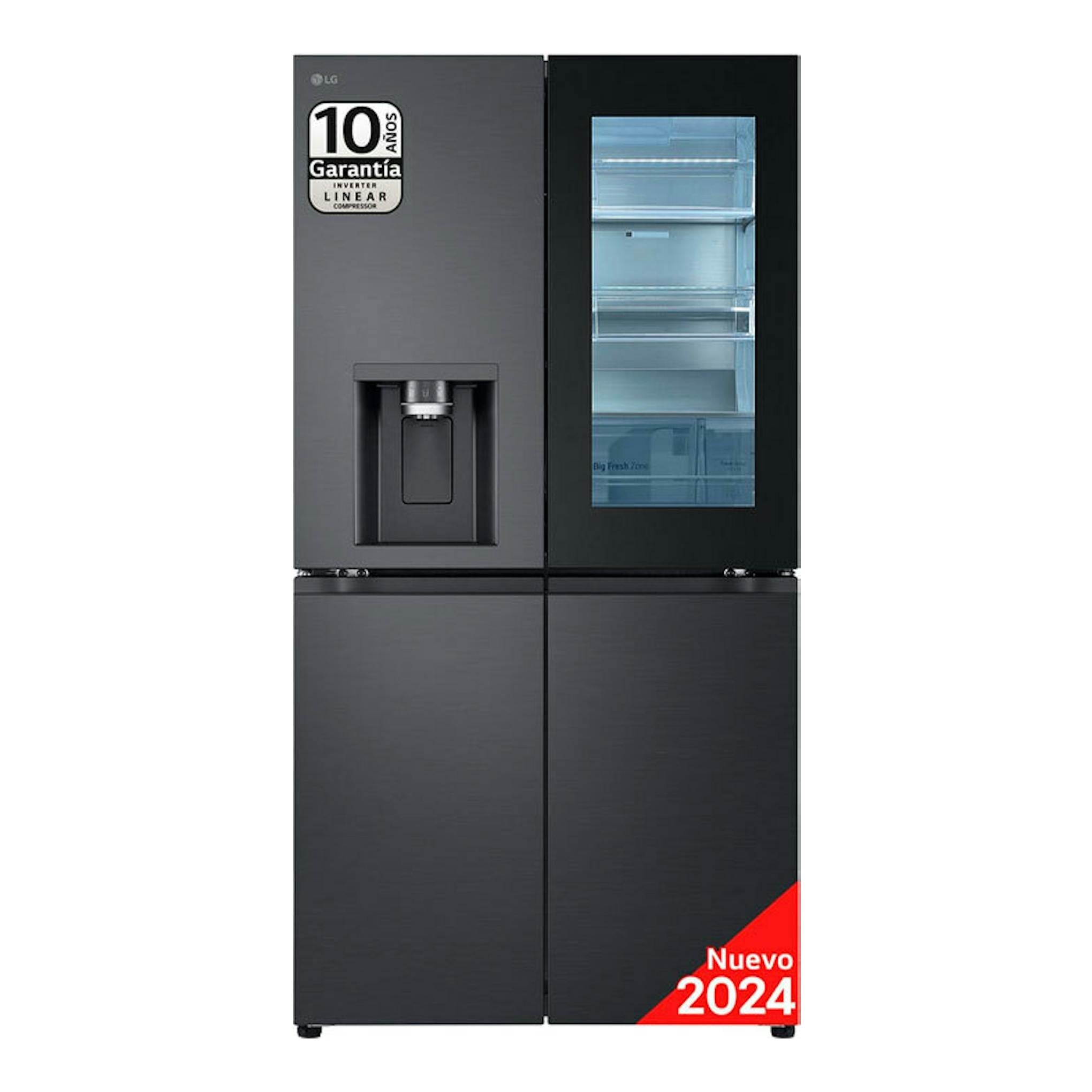 Frigorífico americano LG GMG961EVKE, negro acero, vista frontal, cuatro puertas, dispensador de agua.
