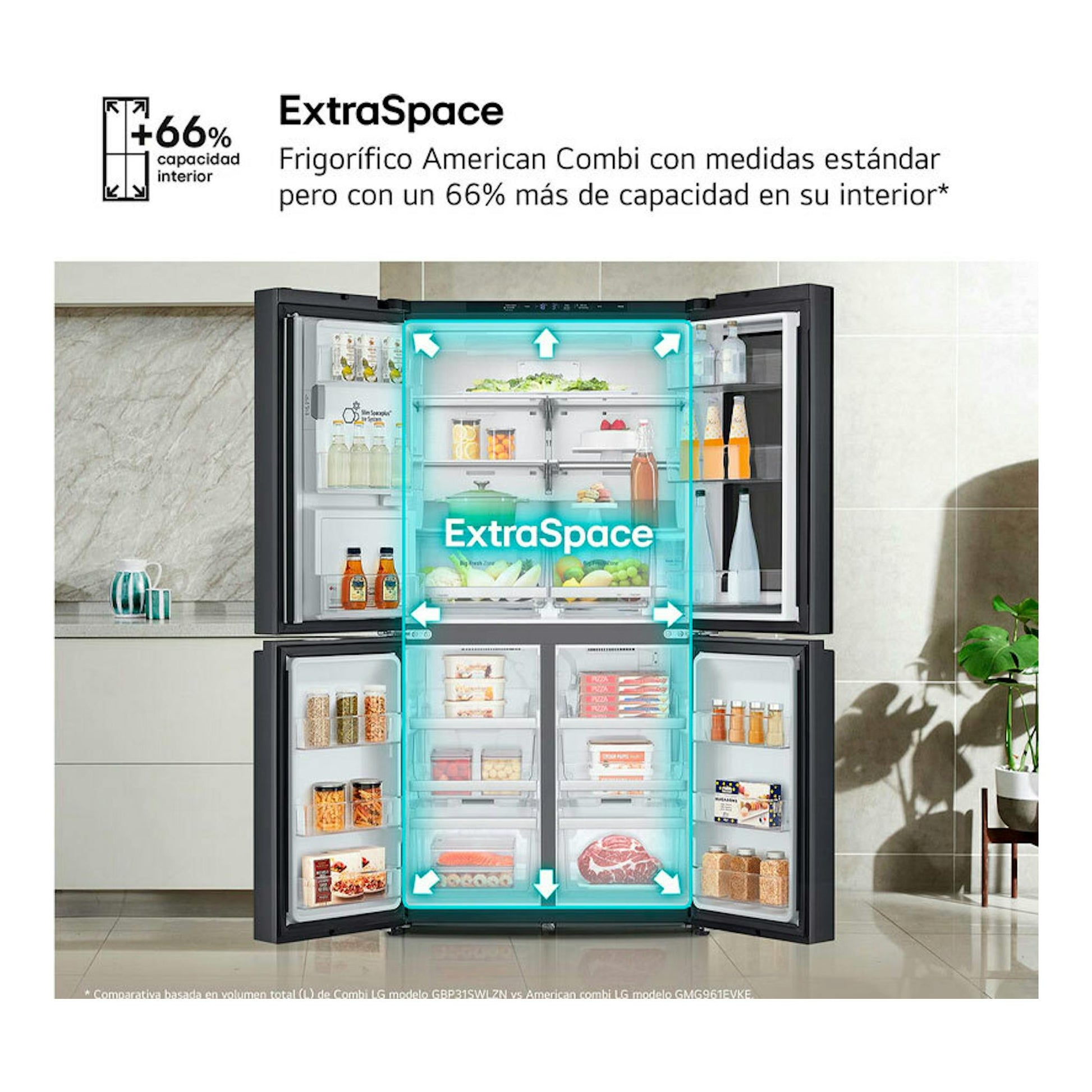 Frigorífico americano LG GMG961EVKE acero negro, vista frontal con cuatro puertas abiertas e interior visible.
