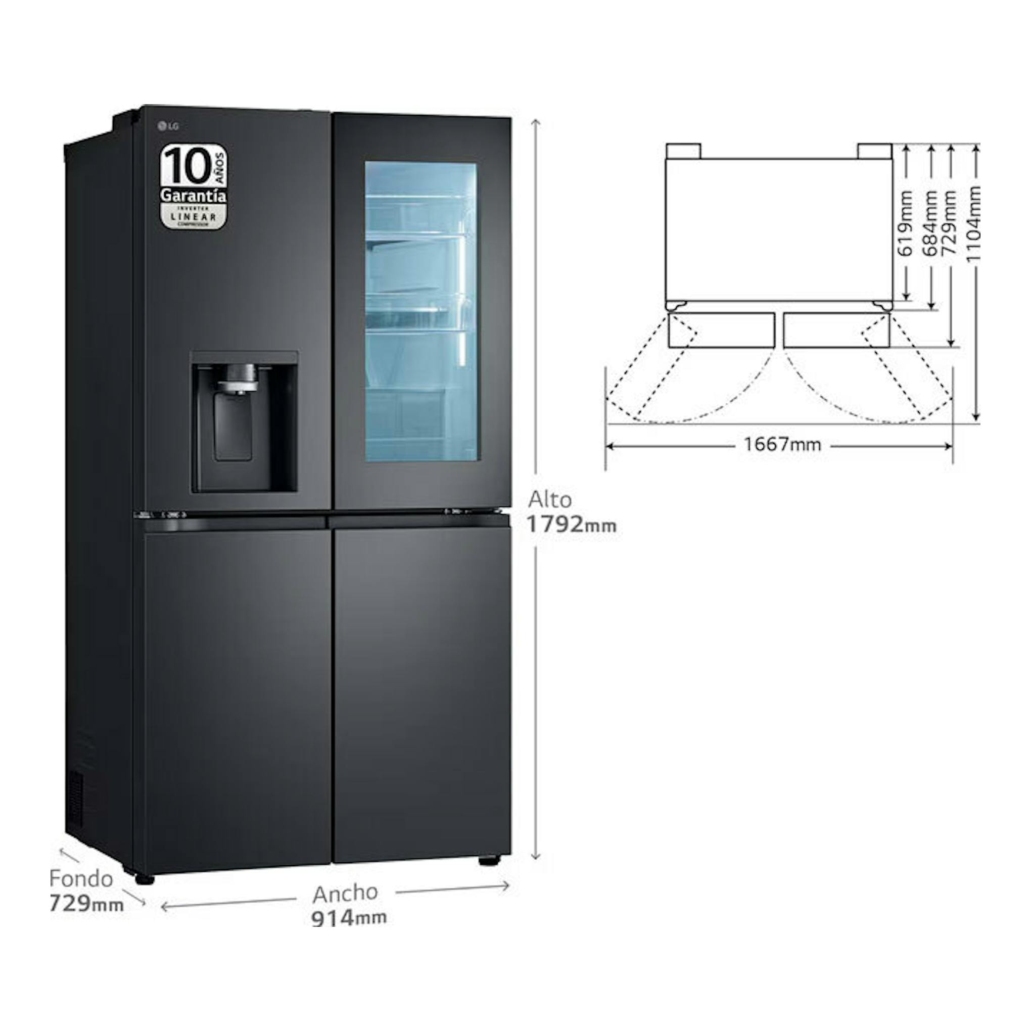 LG GMG961EVKE: frigorífico americano negro, vista frontal con dispensador y puerta de cristal, con medidas.