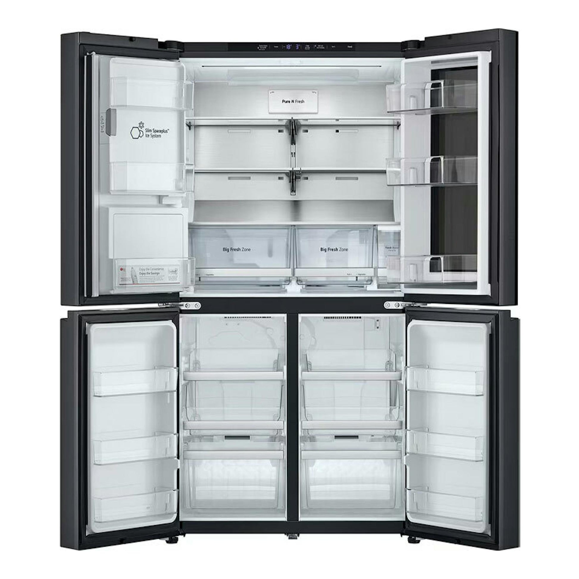 Frigorífico americano LG GMG961EVKE en acero negro, vista frontal con cuatro puertas abiertas.
