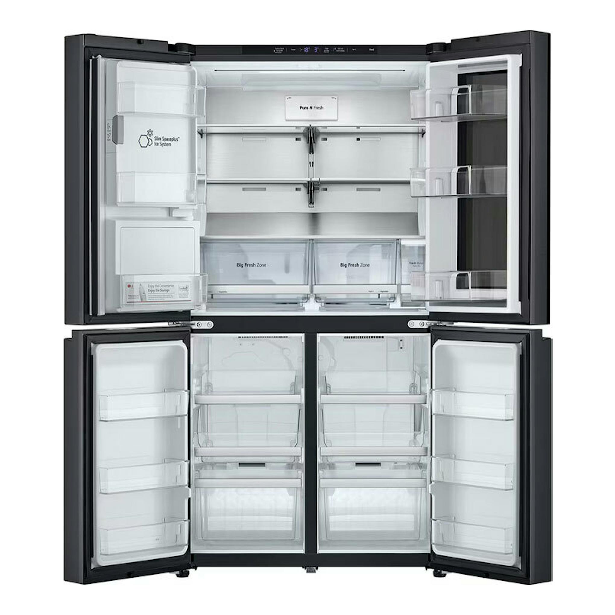 Frigorífico americano LG GMG961EVKE en acero negro, vista frontal con cuatro puertas abiertas.