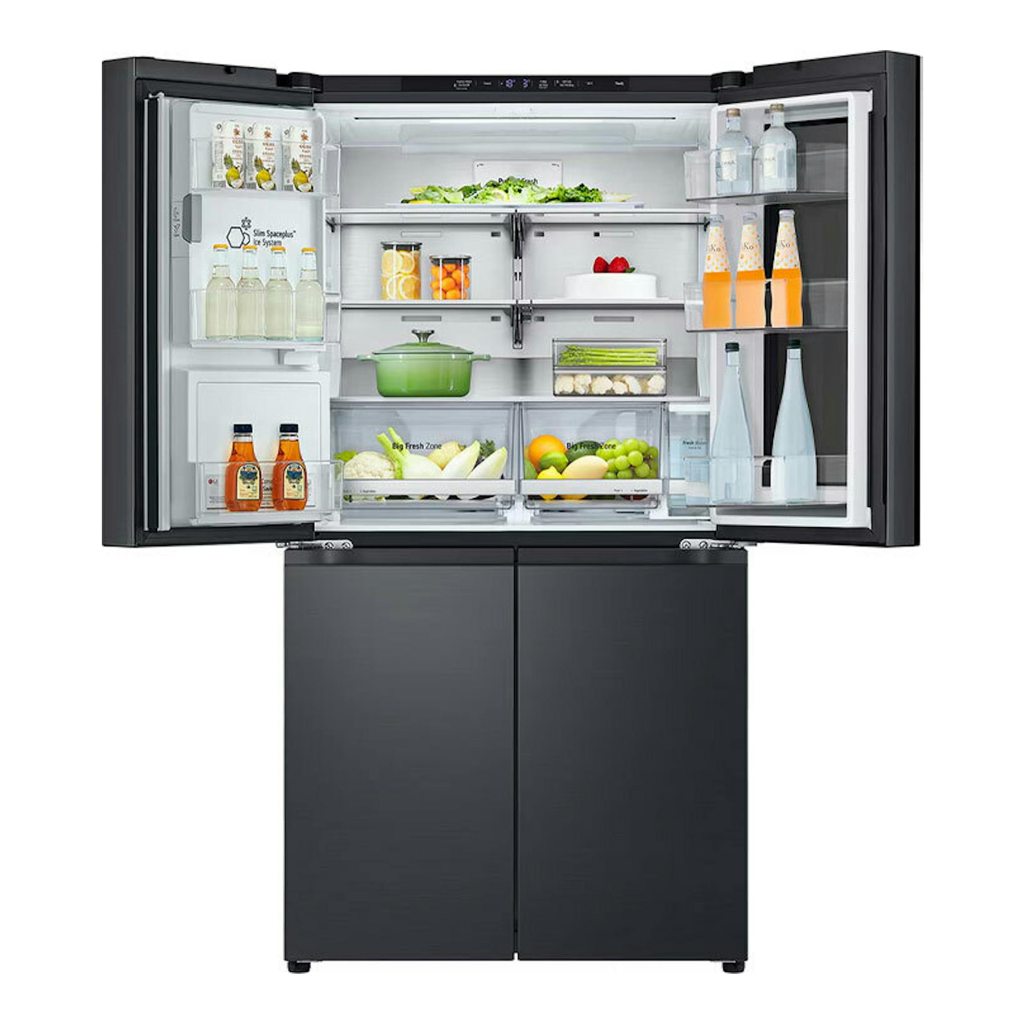 Frigorífico americano LG GMG961EVKE en acero negro, frontal abierto con compartimentos y baldas visibles.