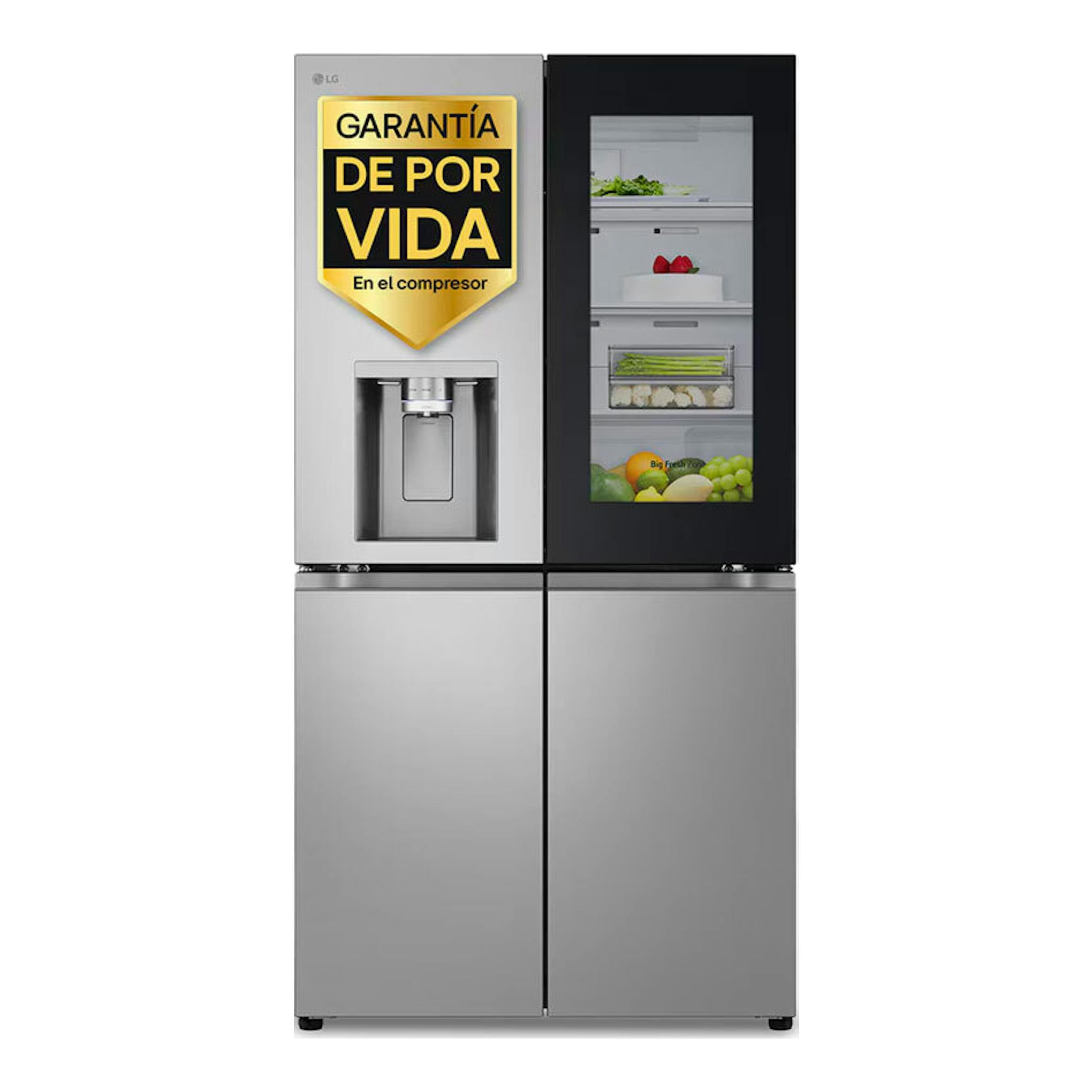 Frigorífico americano LG GMK960PY2E inox, vista frontal, cuatro puertas, dispensador y panel de cristal.