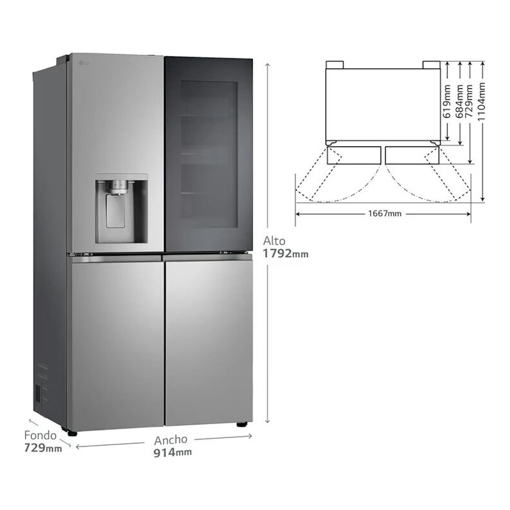 Frigorífico americano LG GMK960PY2E inox, vista frontal de 4 puertas con dispensador y esquema de medidas.