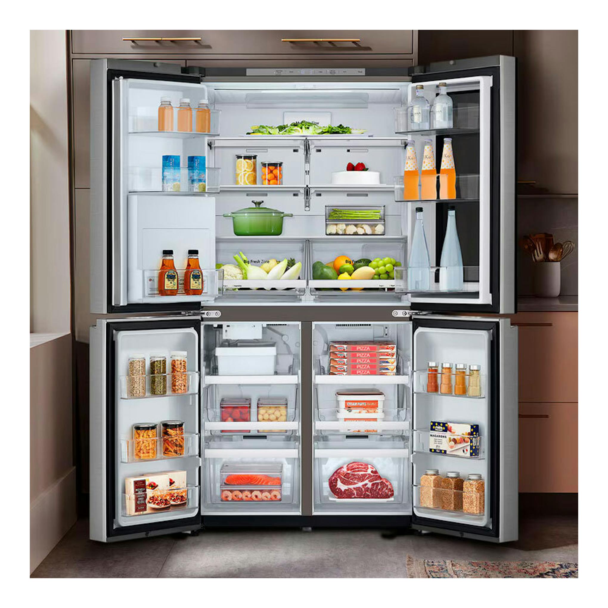 Frigorífico americano LG GMK960PY2E inox, vista frontal con puertas abiertas y compartimentos llenos.