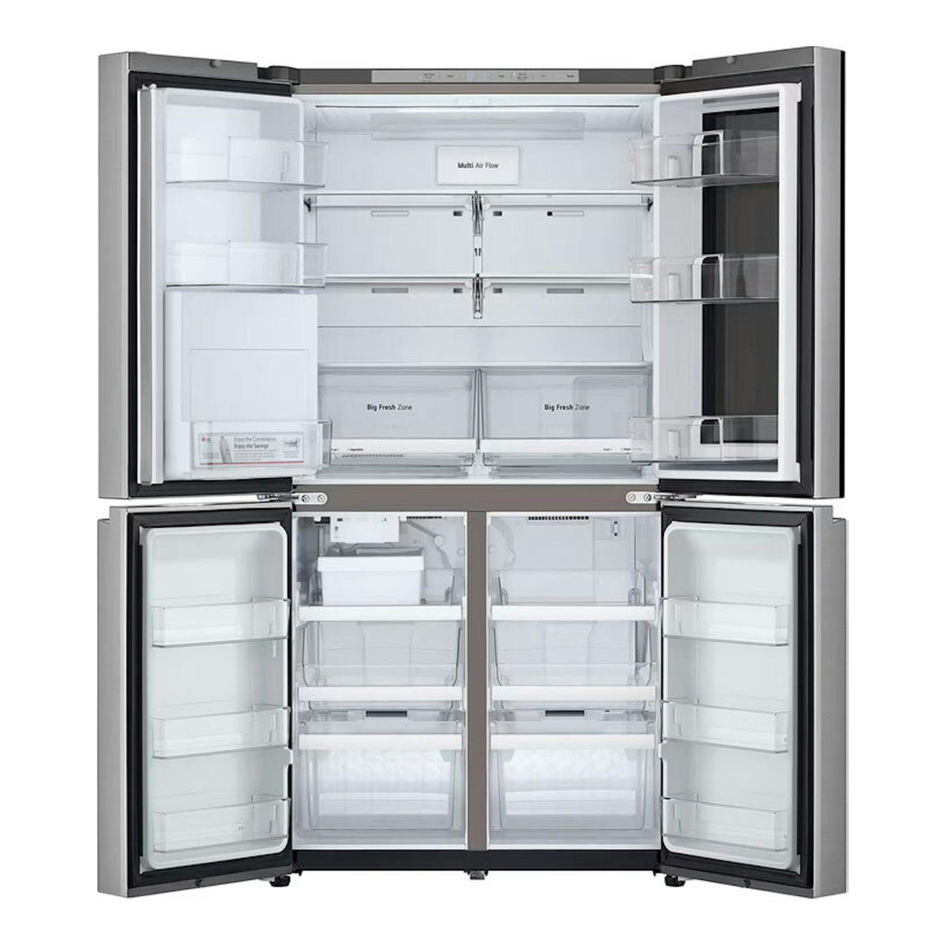 Frigorífico americano LG GMK960PY2E inox, vista frontal con puertas abiertas y compartimentos interiores visibles.
