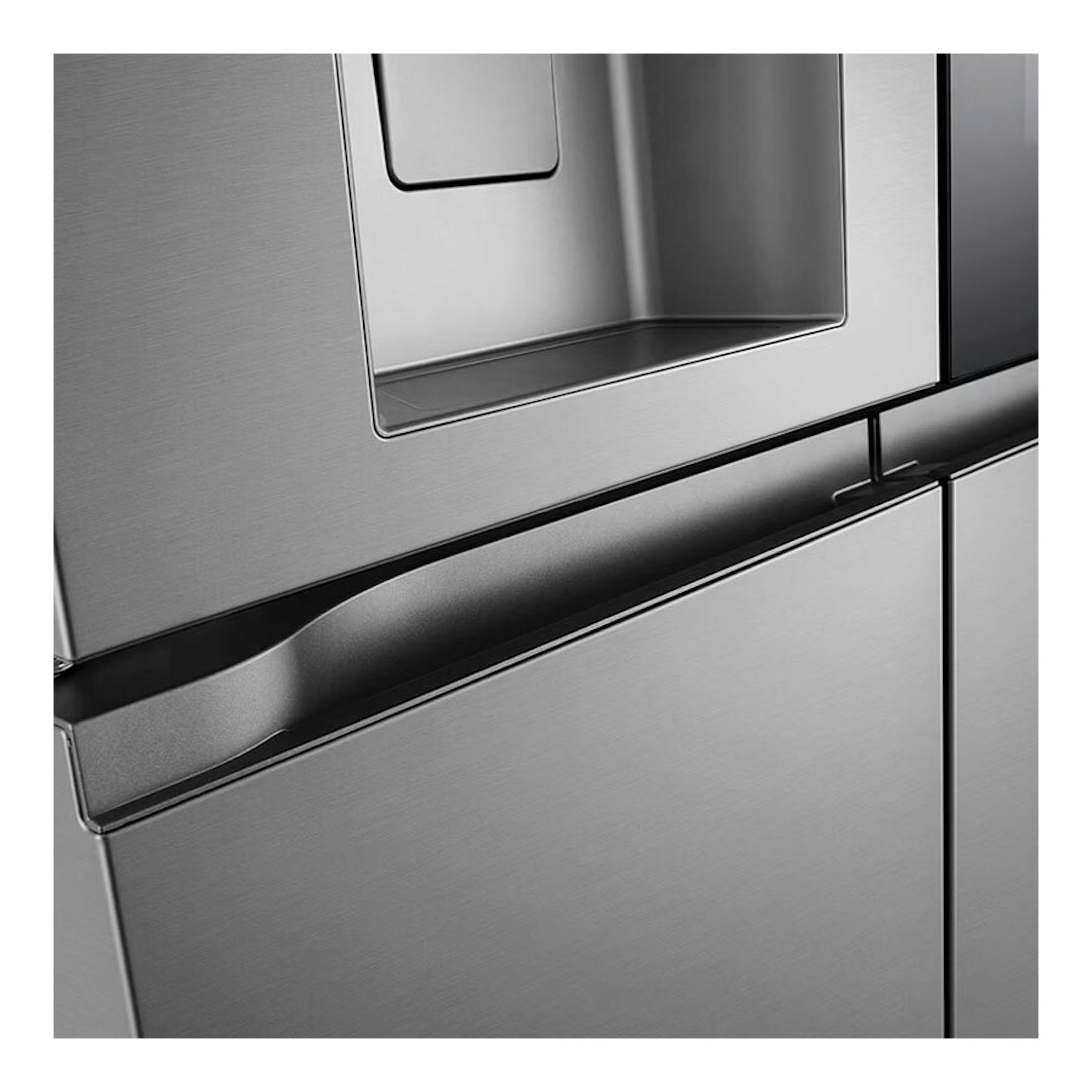 Frigorífico americano LG GMK960PY2E inox, vista frontal en primer plano de puertas y tiradores metálicos.