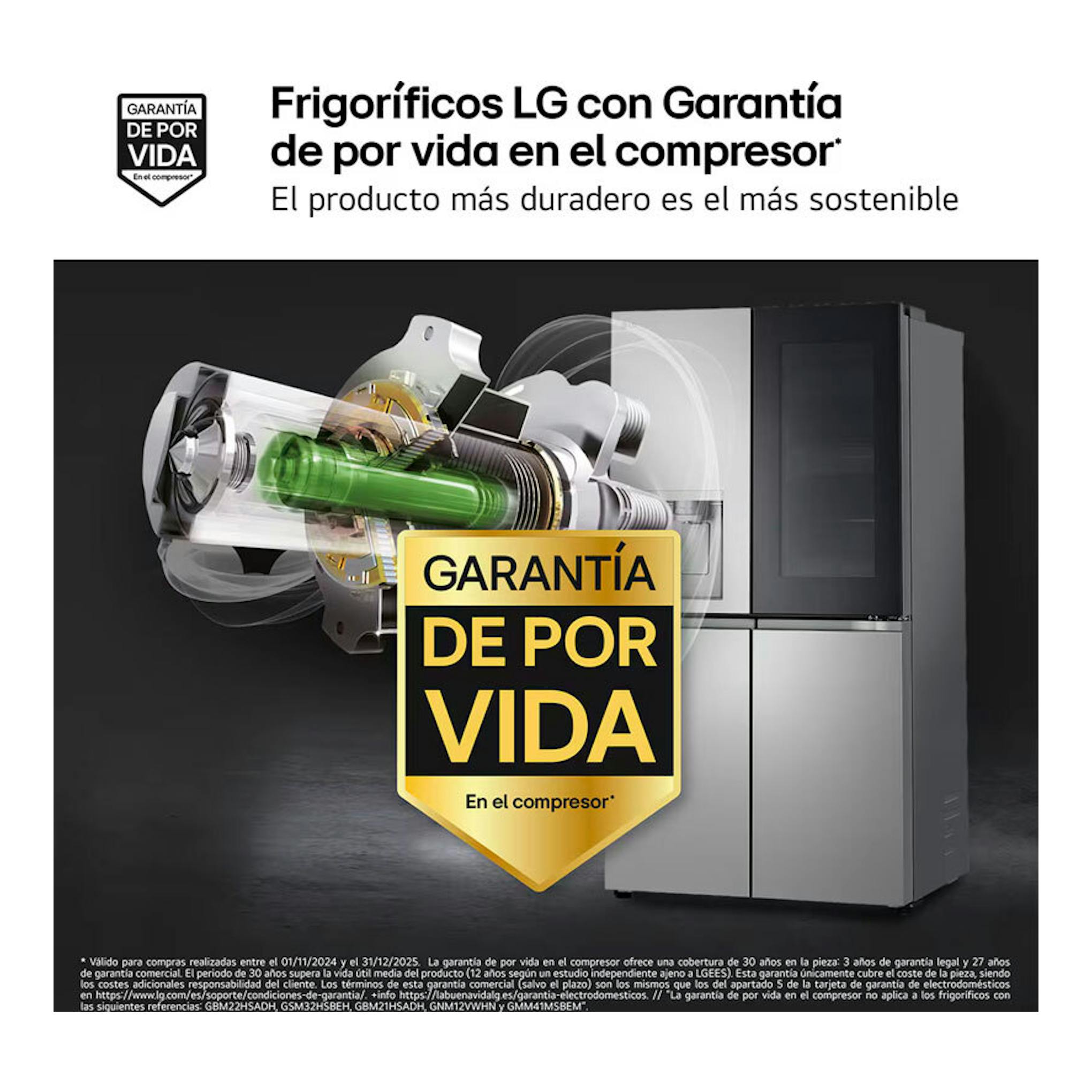 Frigorífico americano LG GMK960PY2E inox, vista frontal, con gráfico del compresor y sello de garantía de por vida.