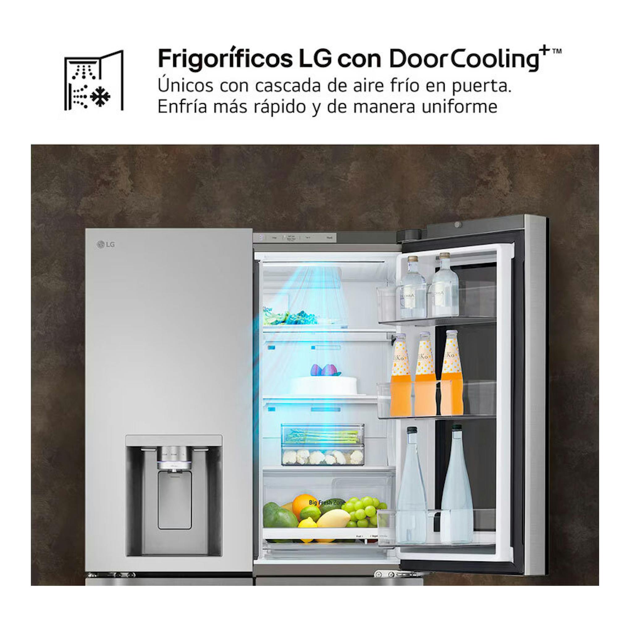 Frigorífico americano LG GMK960PY2E inox, vista frontal con una puerta abierta y el interior iluminado.