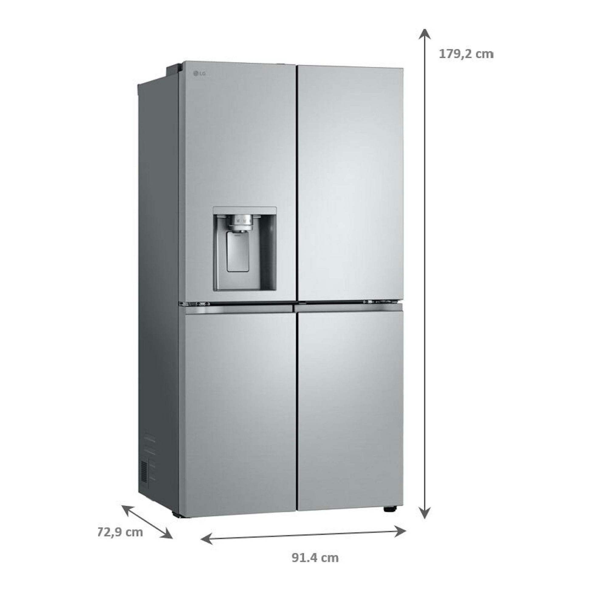 Frigorífico americano LG GML960PYBE inox, vista frontal en ángulo, con dispensador de agua en la puerta.