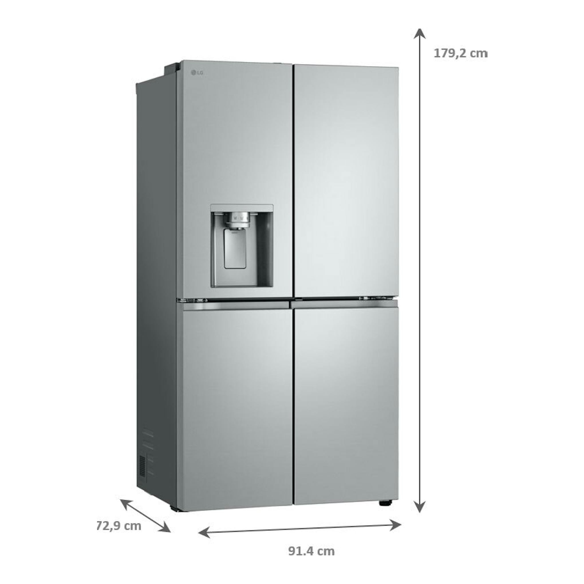 Frigorífico americano LG GML960PYBE inox, vista frontal en ángulo, con dispensador de agua en la puerta.