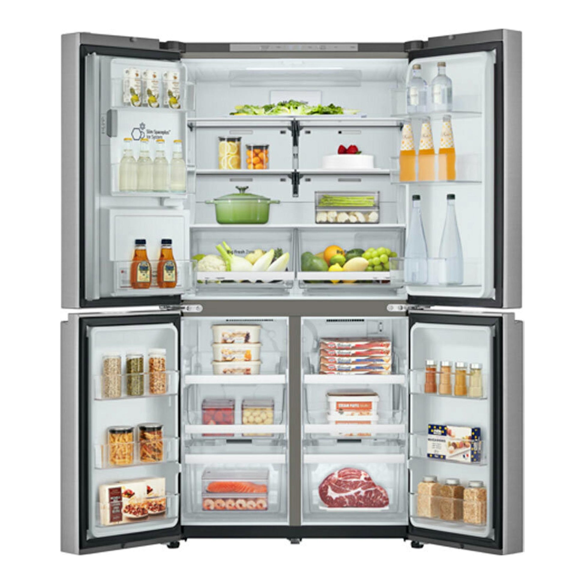 Frigorífico americano LG GML960PYBE inox, vista frontal con puertas abiertas y compartimentos visibles.