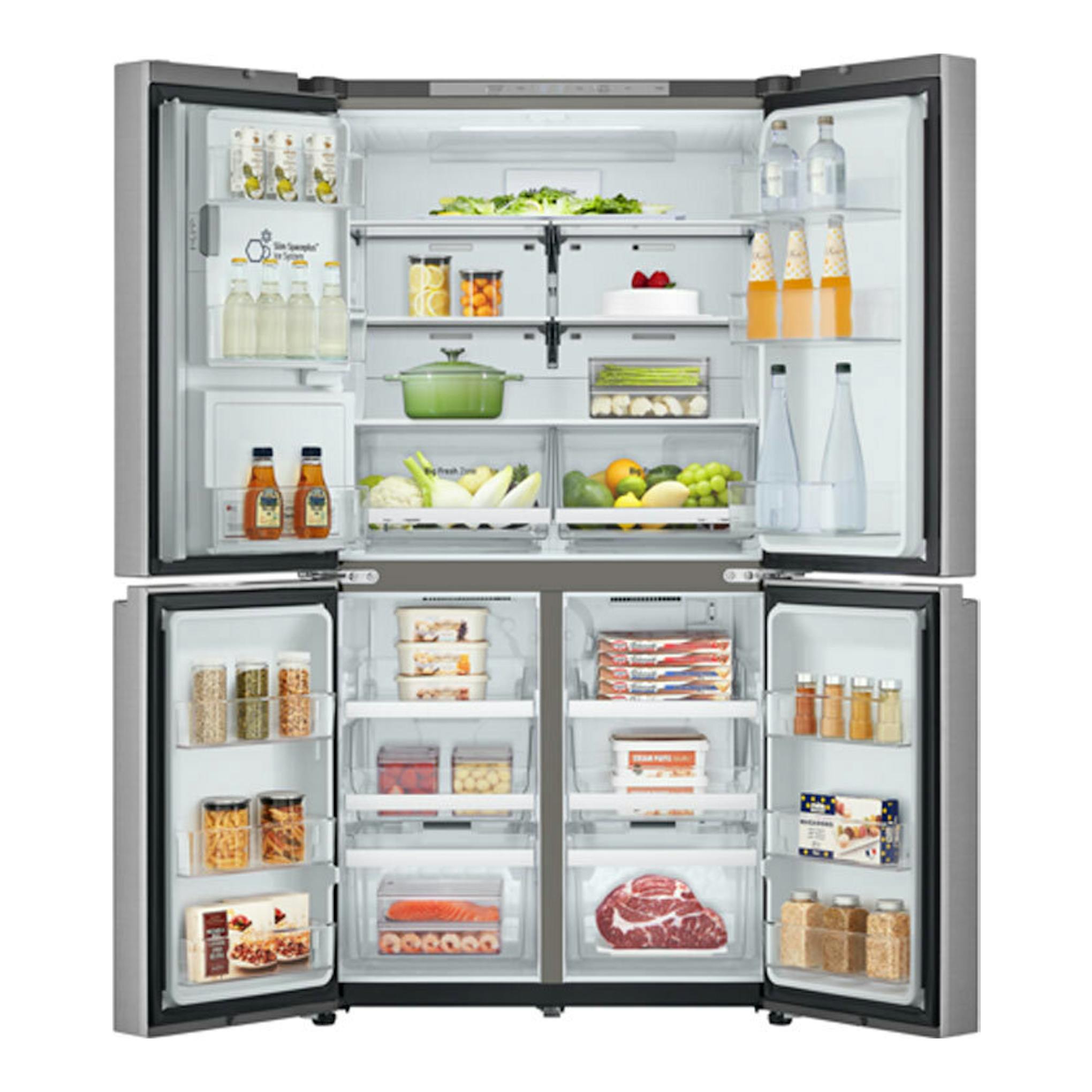 Frigorífico americano LG GML960PYBE inox, vista frontal con puertas abiertas y compartimentos visibles.