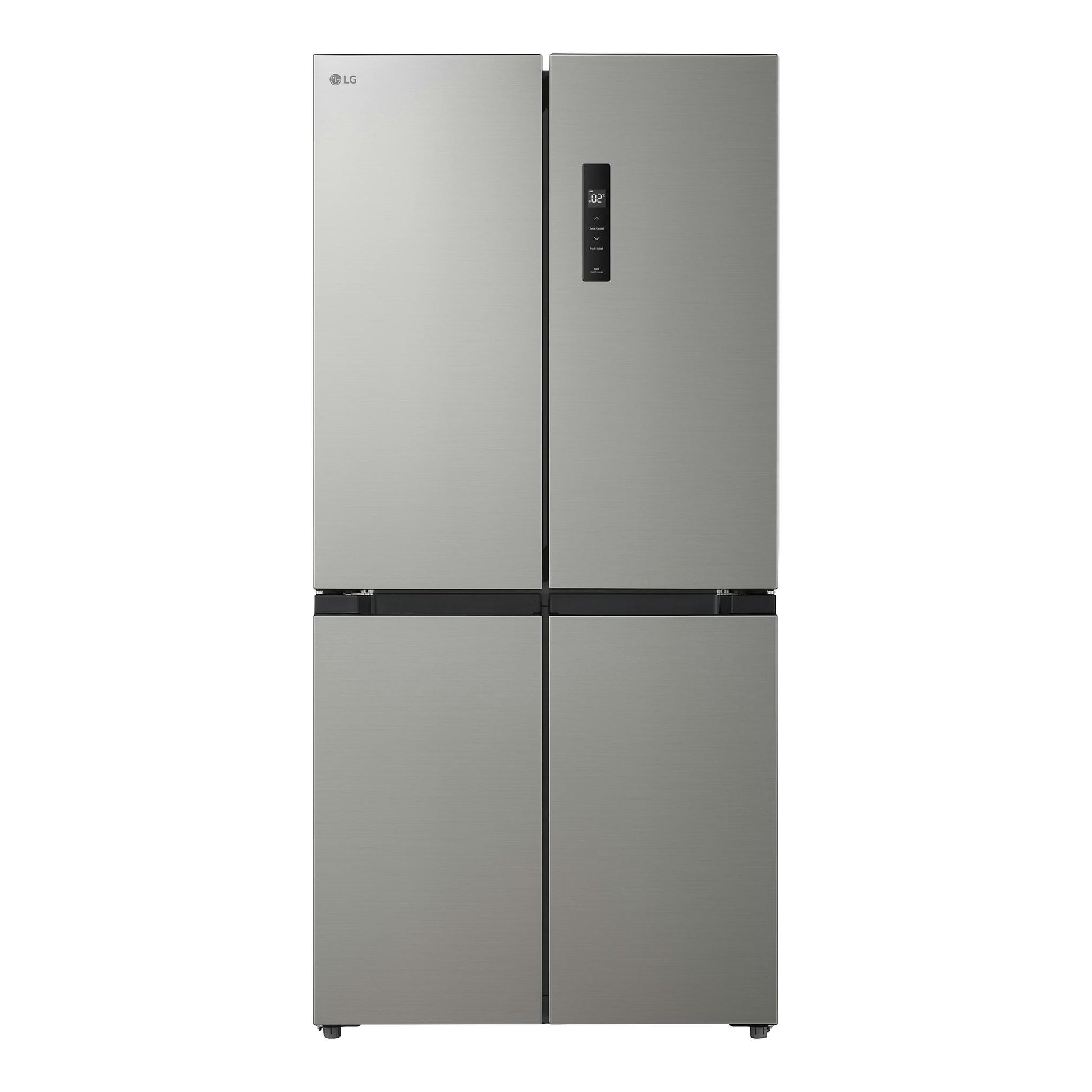 Frigorífico americano LG GMM41MSBEM plateado, vista frontal, con cuatro puertas y panel digital.
