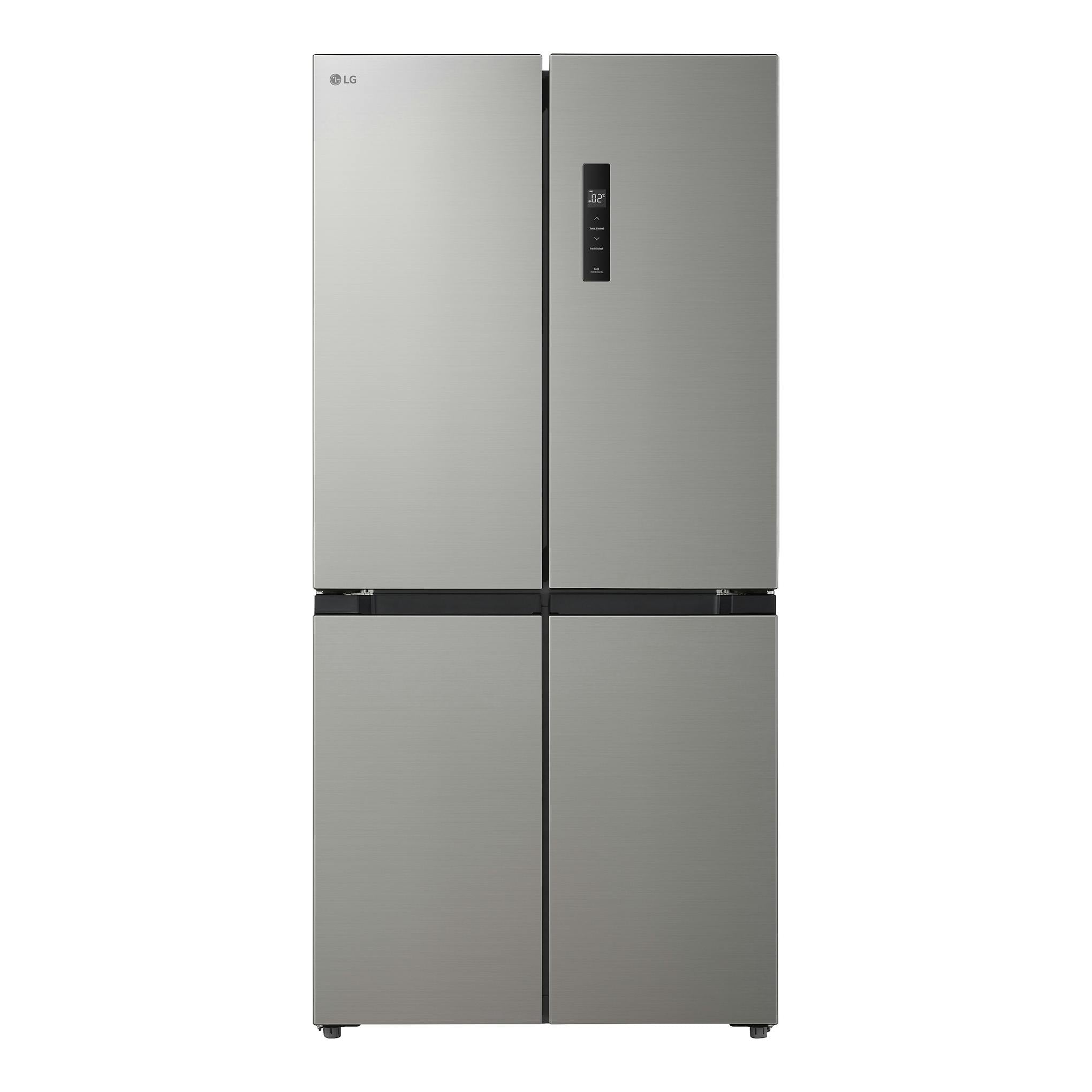 Frigorífico americano LG GMM41MSBEM plateado, vista frontal, con cuatro puertas y panel digital.